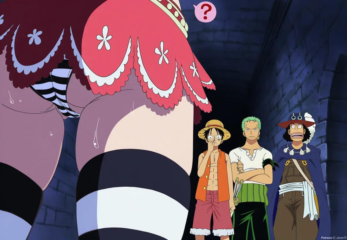 ai generated, female, jarentr, luffy, male, one piece, perona, roronoa zoro, sweating, tight panties, usopp, walking