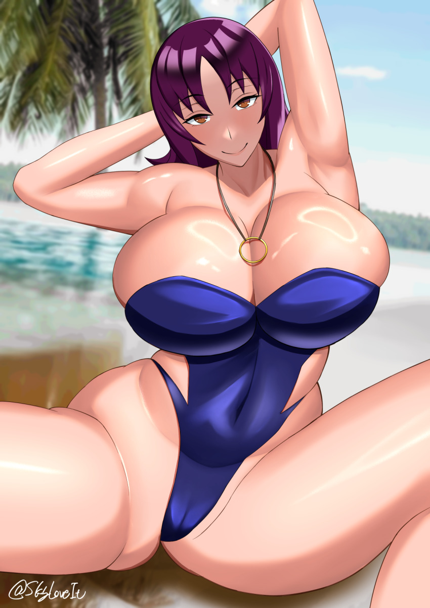 beach beach_background big_breast big_breasts blue_swimsuit blue_swimwear brown_eyes curvy game_freak huge_breast huge_breasts large_breast large_breasts nintendo ocean one-piece_swimsuit one_piece_swimsuit philena_ivy pokemon pokemon_professor pokemon_rgby purple_hair purple_hair_female skyloveit swimsuit swimwear thick_thighs wide_hips