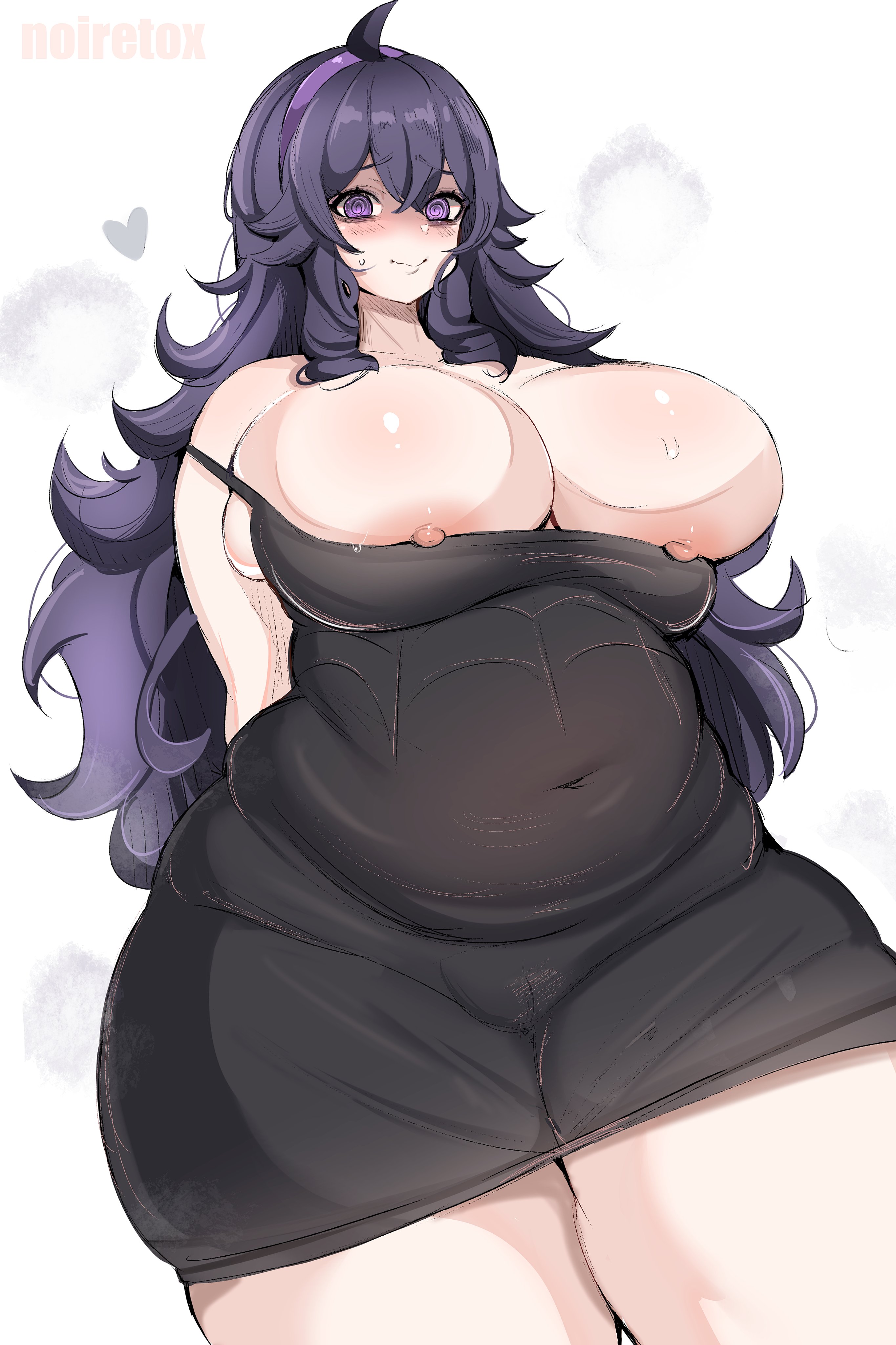 1girls, breasts, chubby, dress, female, hex maniac, hips, huge breasts, light skin, light-skinned female, long hair, nintendo, nipples, noiretox, pokemon, pokemon xy, purple eyes, purple hair, simple background, thick thighs, thighs, voluptuous, wide hips