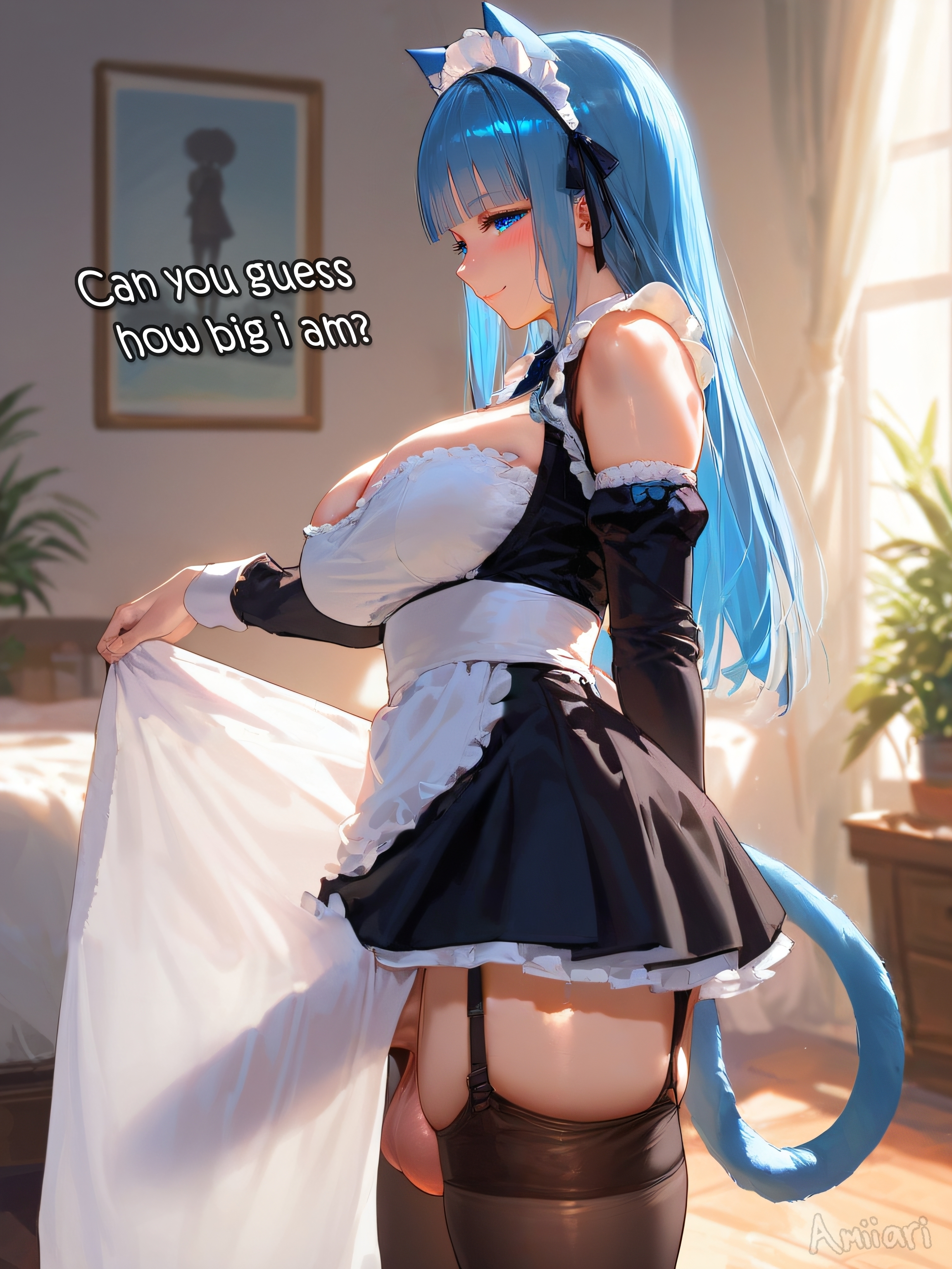1futa, absurd res, ai generated, amiiari, arm behind back, big breasts, big penis, blue eyes, blue hair, blunt bangs, breasts, cat ears, cat girl, cat tail, catgirl, cute, detailed, dickgirl, dripping, erection, female, from side, futanari, garter straps, highres, holding cloth, holding object, huge breasts, intersex, koneko dolls, large penis, long penis, maid, maid headdress, maid outfit, maid uniform, massive penis, penis, penis shadow, penis silhouette, penis to the knees, pink hair, playful, precum, precum drip, precum string, question, shadow, skindentation, solo, squishy, standing, teasing, text, thick thighs, thighhighs