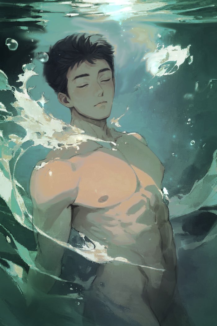 1boy abs ai_assisted ao_isami bang_brave_bang_bravern black_hair closed_eyes kirao_(jd1_3) male male_nipples male_only muscular muscular_male naked navel nipples no_visible_genitalia nude pecs pectorals solo solo_male submerged underwater yuuki_bakuhatsu_bang_bravern