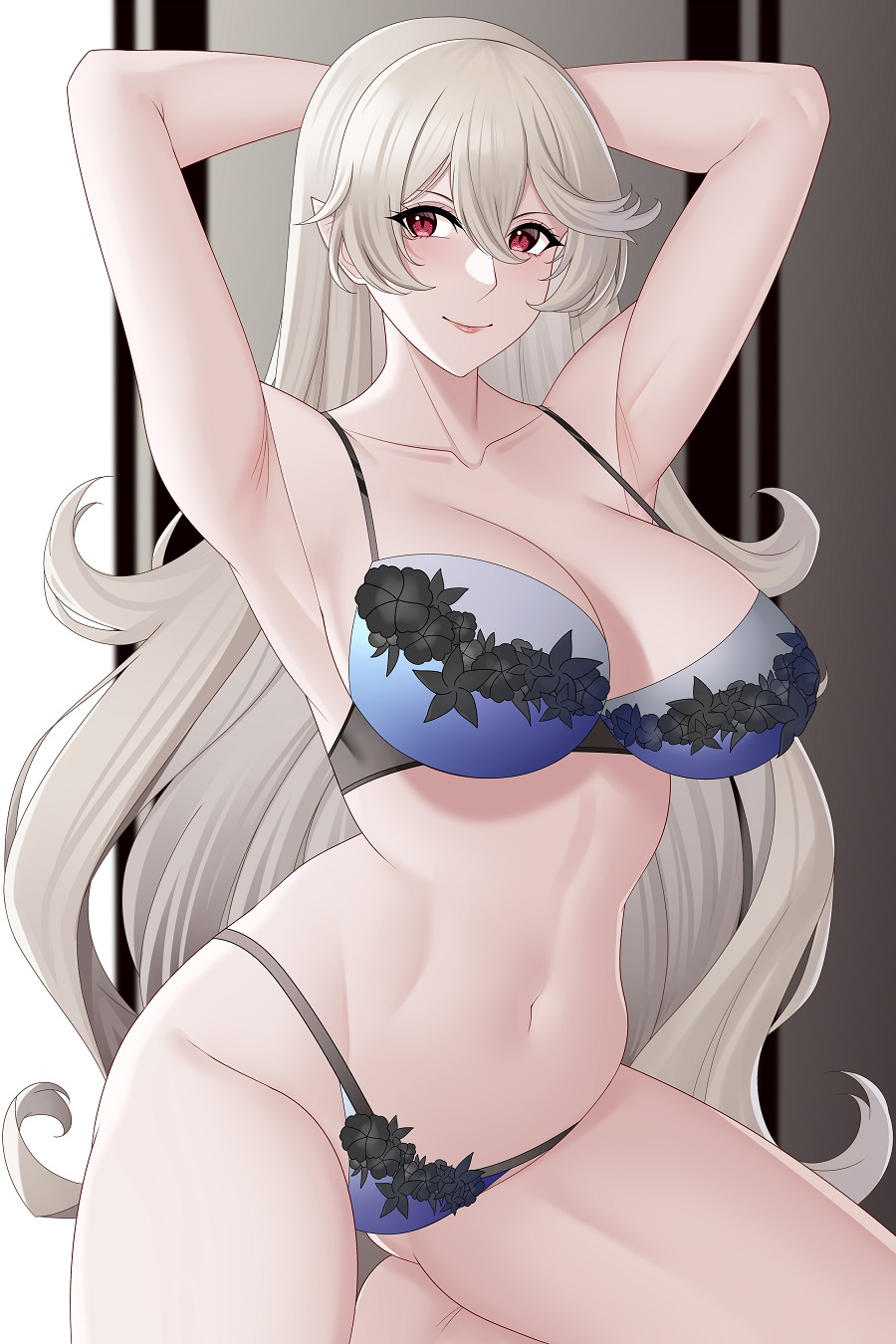 1girls armpits arms_behind_head aslindsamure bare_arms bare_midriff blue_bra blue_panties bra breasts cleavage corrin_(fire_emblem) corrin_(fire_emblem)_(female) female female_only fire_emblem fire_emblem_fates grey_hair kneeling large_breasts long_hair looking_at_viewer midriff nintendo pointy_ears pose red_eyes smile solo underwear very_long_hair