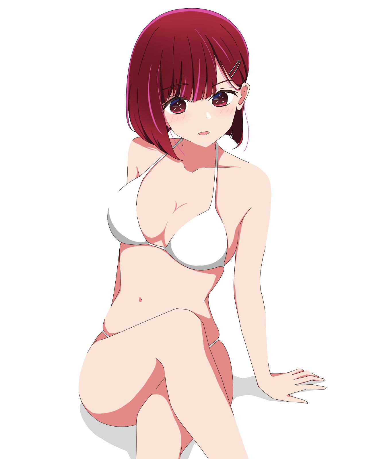 1girls arima_kana arm_support ass bare_arms bare_legs bare_midriff bare_shoulders bare_thighs belly belly_button bikini blush blush blush_lines breasts breasts cleavage collarbone commentary crossed_legs dot_nose female female female_focus female_only fingers hair_between_eyes hair_ornament hairclip halterneck high_resolution highres knees kusana_(kusana47454281) large_breasts legs light_skin looking_at_viewer medium_breasts navel nude open_mouth oshi_no_ko red red_eyes red_hair shadow short_hair shoulders simple_background sitting slender_body slender_waist slim_girl slim_waist solo stomach string_bikini student swimsuit swimwear teenager thick_ass thick_thighs thighs thin_waist upper_body white_background white_bikini white_bikini_bottom white_bikini_top white_swimsuit white_swimwear