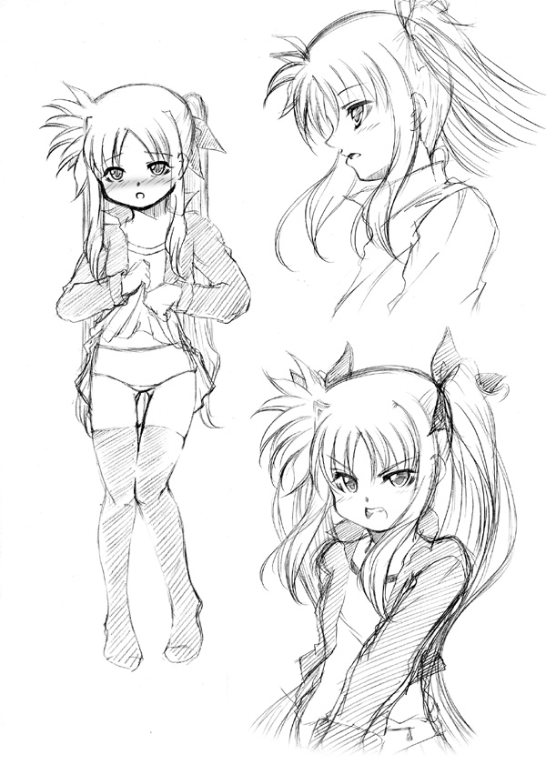 fate_testarossa kirimitsu lyrical_nanoha mahou_shoujo_lyrical_nanoha mahou_shoujo_lyrical_nanoha_a's mahou_shoujo_lyrical_nanoha_a's monochrome panties sketch skirt skirt_lift thighhighs underwear