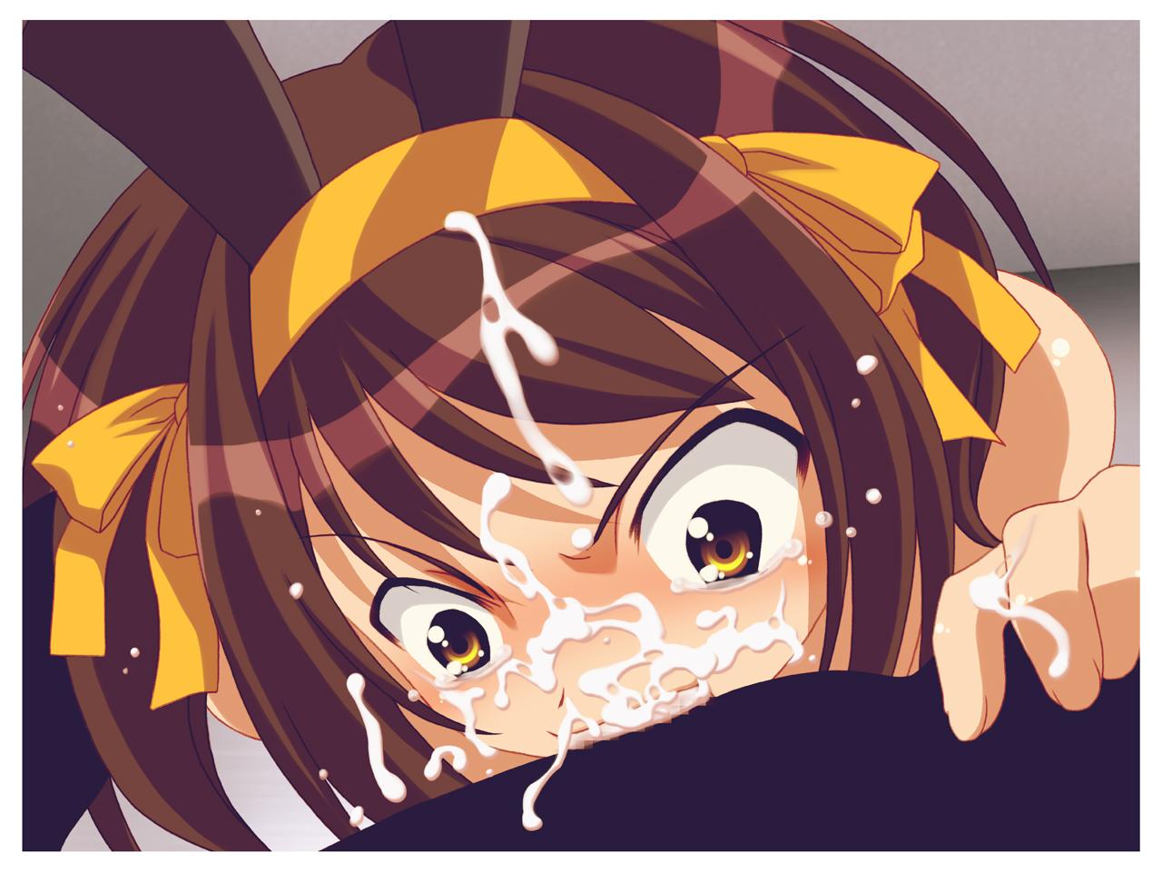 brown_hair cum deepthroat facial fellatio female human iroiro male oral penis short_hair straight surprised suzumiya_haruhi suzumiya_haruhi_no_yuuutsu tears