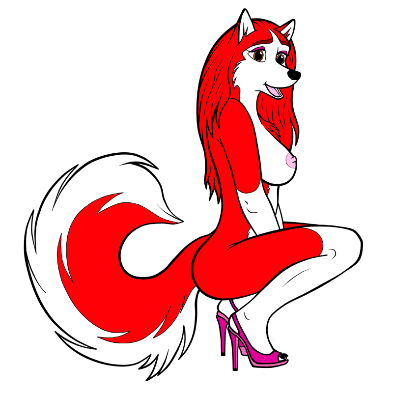 anthro black_nose breasts canine claws color eyeshadow female female_only flat_colors footwear fur furry furry_breasts furry_ears furry_tail guest72 hair high_heels husky jenna long_hair looking_right mammal naked_footwear naked_heels nipples nude open_eyes open_mouth orange_eyes pink_nipples pointy_ears red_fur red_hair shoes side_view squatting tail white_background white_fur