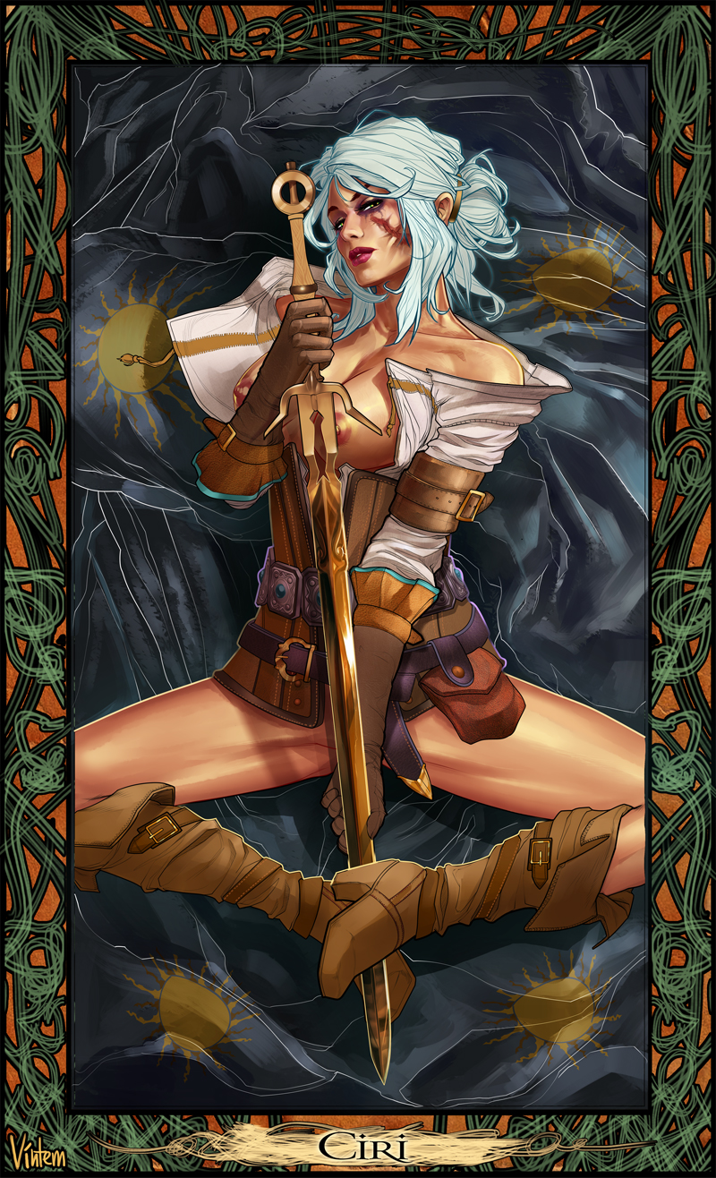 1girls, areolae, boots, breasts, breasts out, brown gloves, cd projekt red, ciri, corset, eyeshadow, female, female only, gloves, holding sword, nipples, partially clothed, ponytail, scar, shirt, sitting, solo, sword, the witcher (series), the witcher 3: wild hunt, tied hair, vintem, weapon, white hair