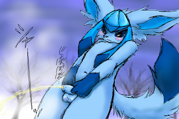 1boy blue_eyes blue_hair blush camiod cloudy foreskin furry glaceon japanese long_hair male male_only navel nude peeing penis pokémon_(species) pokemon pokemon_(species) solo steam tail testicles translation_request tree urine watersports winter