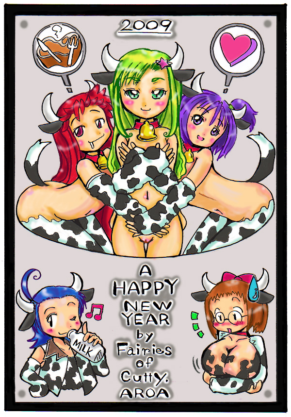 2009 5girls aiko_senoo artist_request blonde_hair blue_eyes blue_hair breasts brown_eyes brown_hair busty cleavage cow_accoutrements cow_ears cow_horns cow_print cowbell curvaceous doremi_harukaze female female_only green_eyes hazuki_fujiwara human large_breasts light-skinned_female light_skin momoko_asuka moo_bitch multiple_girls ojamajo_doremi onpu_segawa pink_eyes purple_eyes purple_hair red_hair tagme text