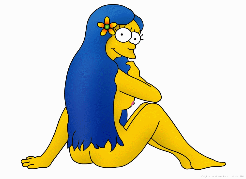 ass back_view bad_anatomy breasts color female female_only hair_down human long_hair looking_at_viewer looking_back marge_simpson matt_groening_(style) nipples nude sitting solo tagme the_simpsons toony yellow_skin