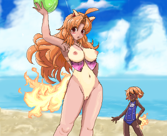 anthro ball beach beige_skin bottomless breasts clothes color dark_skin day female female_only fiery_tail fur furry_ears looking_at_viewer multiple_girls nintendo nipples open_mouth orange_hair outdoors pointy_ears pokemon ponyta pussy rapidash red_eyes sand standing swimsuit tail water