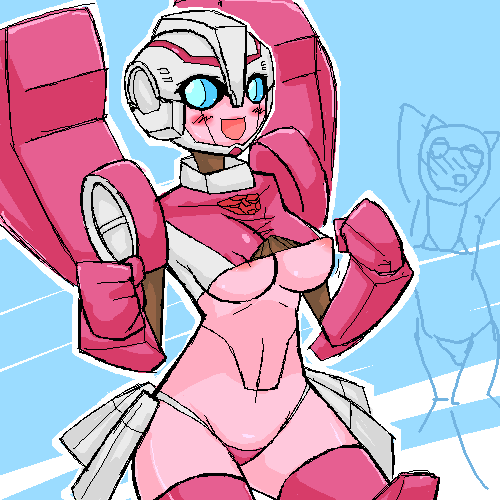 1girls arcee arcee_(tfa) autobot autobot_insignia background_character big_breasts bikini blue_eyes blush female female_autobots female_only glyph_(transformers) happy humor nearly_naked_shirt pink_nipples pink_skin robot robot_girl solo tagme thong transformers transformers_animated underboob unknown_artist