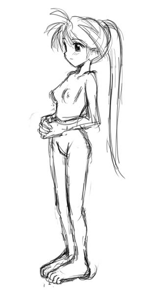 breasts copo_deluxe female human human_only long_hair monochrome nude pokemon pokemon_(manga) pokemon_adventures pokemon_rgby ponytail simple_background sketch solo standing tied_hair yellow_(pokemon)