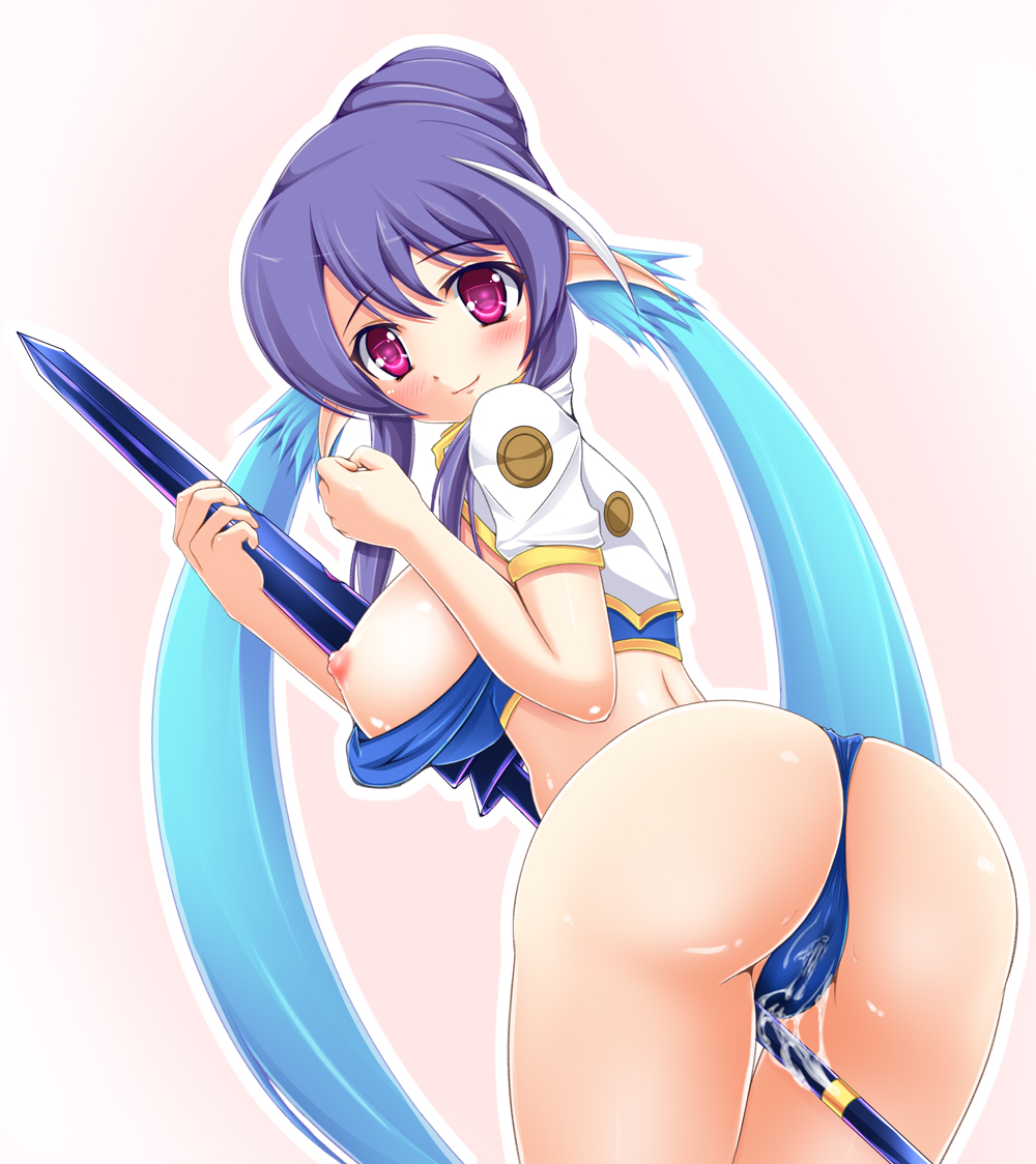 artist_request ass blue_hair blush breasts elf female hair_bun judith lance long_hair looking_at_viewer nipple_slip nipples pointy_ears purple_eyes pussy_juice smile solo tales_of_(series) tales_of_vesperia weapon