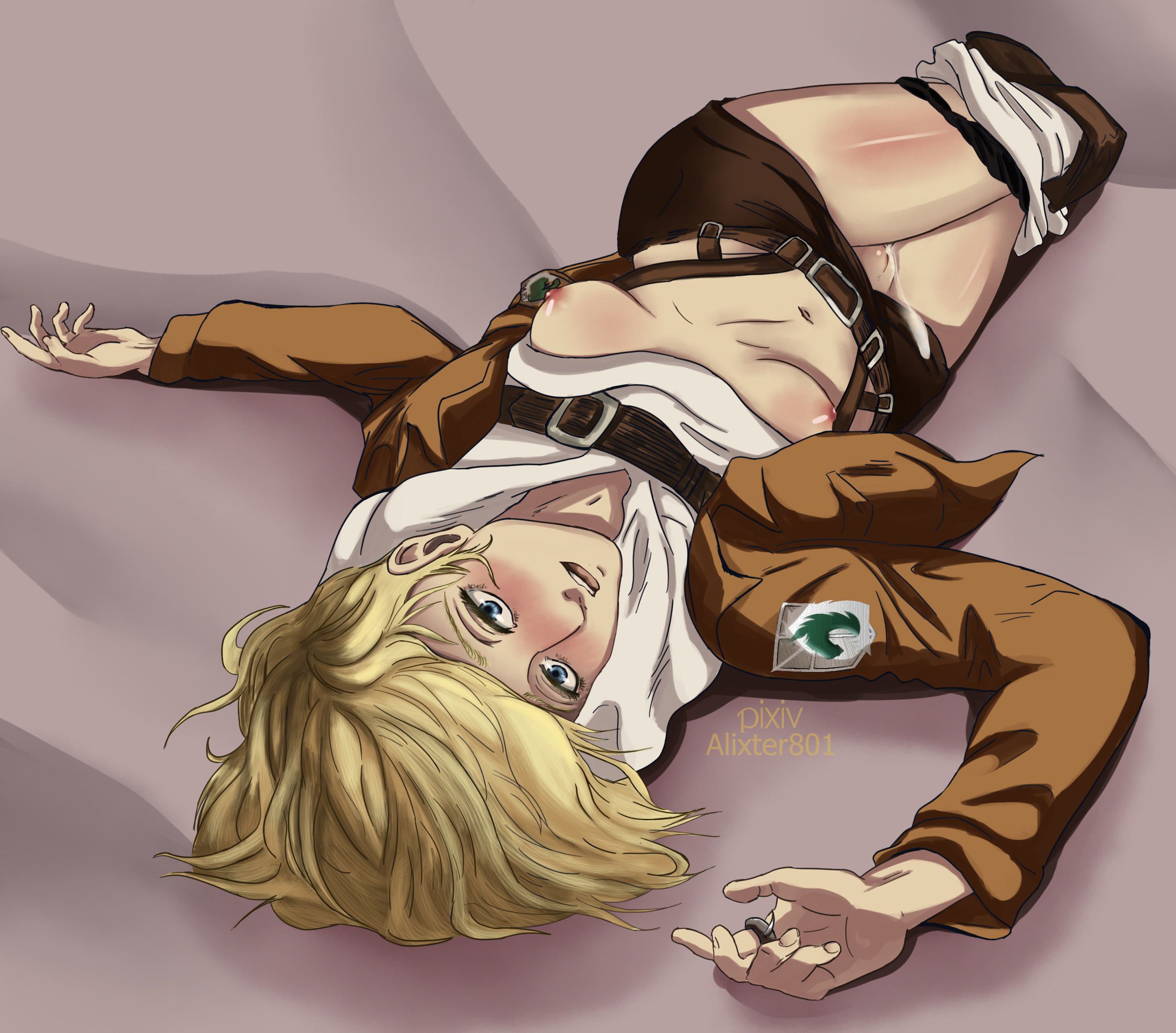 1girls, after sex, after vaginal, alixter801, annie leonhardt, attack on titan, blonde hair, blue eyes, boots, breasts, clothes, clothes pull, cum, cum in pussy, female, female only, jacket, looking at viewer, male, medium hair, petite, pussy, ring, shingeki no kyojin, small breasts, thong aside, underwear, unknown male, white skin