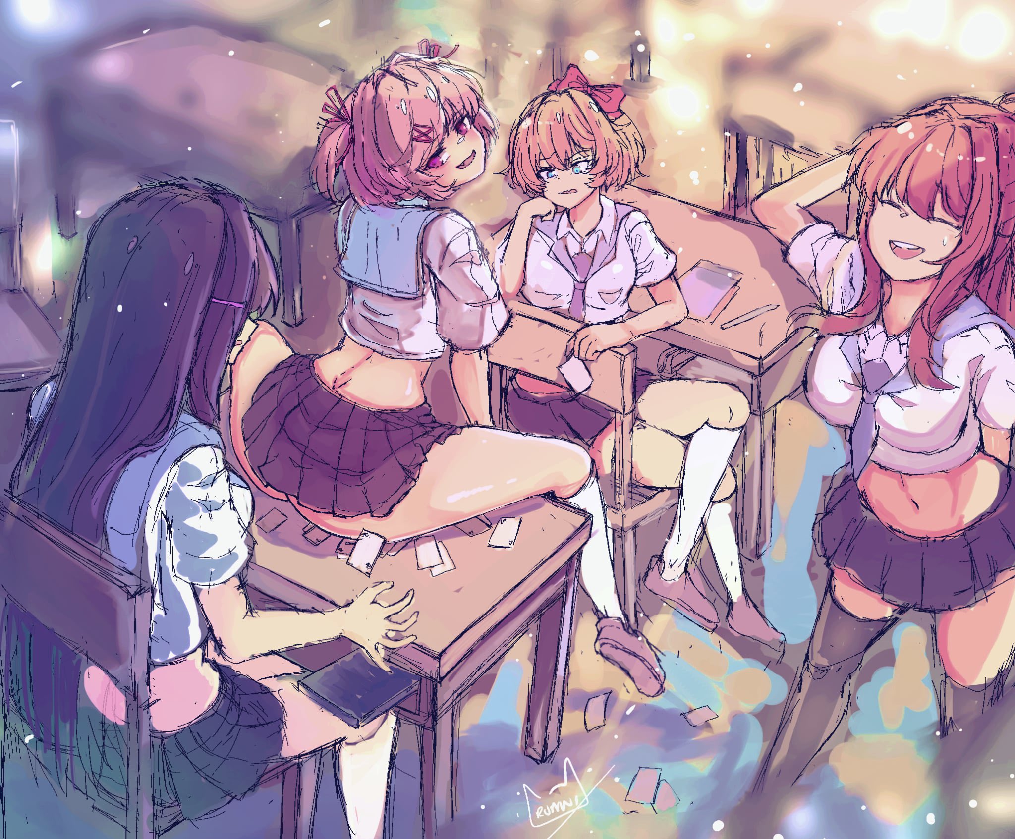 4girls, ass, bimbo, bimbofication, crop top, crunnix, doki doki literature club, light skin, light-skinned female, monika (doki doki literature club), natsuki (doki doki literature club), sayori (doki doki literature club), short skirt, yuri (doki doki literature club)