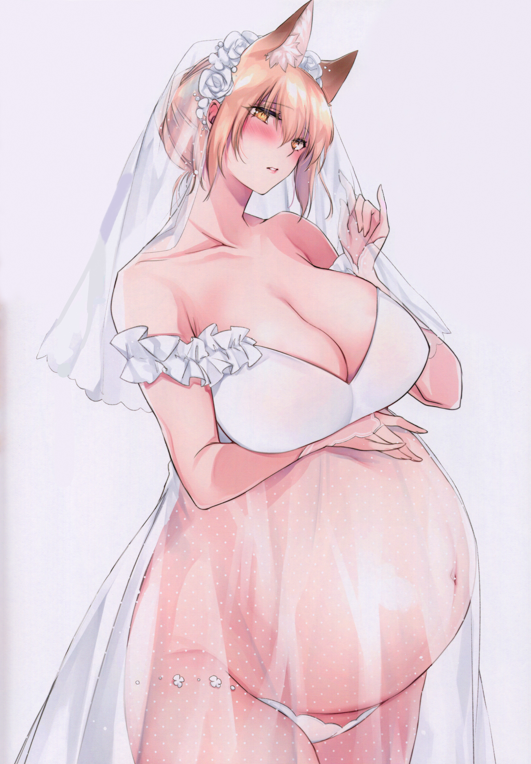 bare shoulders, big belly, big breasts, blonde hair, breasts, bridal veil, bride, cleavage, female, female only, flower crown, fox ears, fox girl, lingerie, looking at viewer, maternity clothes, maternity dress, original, panties, pregnant, see-through clothing, shizu-chan, slit pupils, solo, veil, wedding dress, wedding lingerie, white panties, yellow eyes, yukibuster
