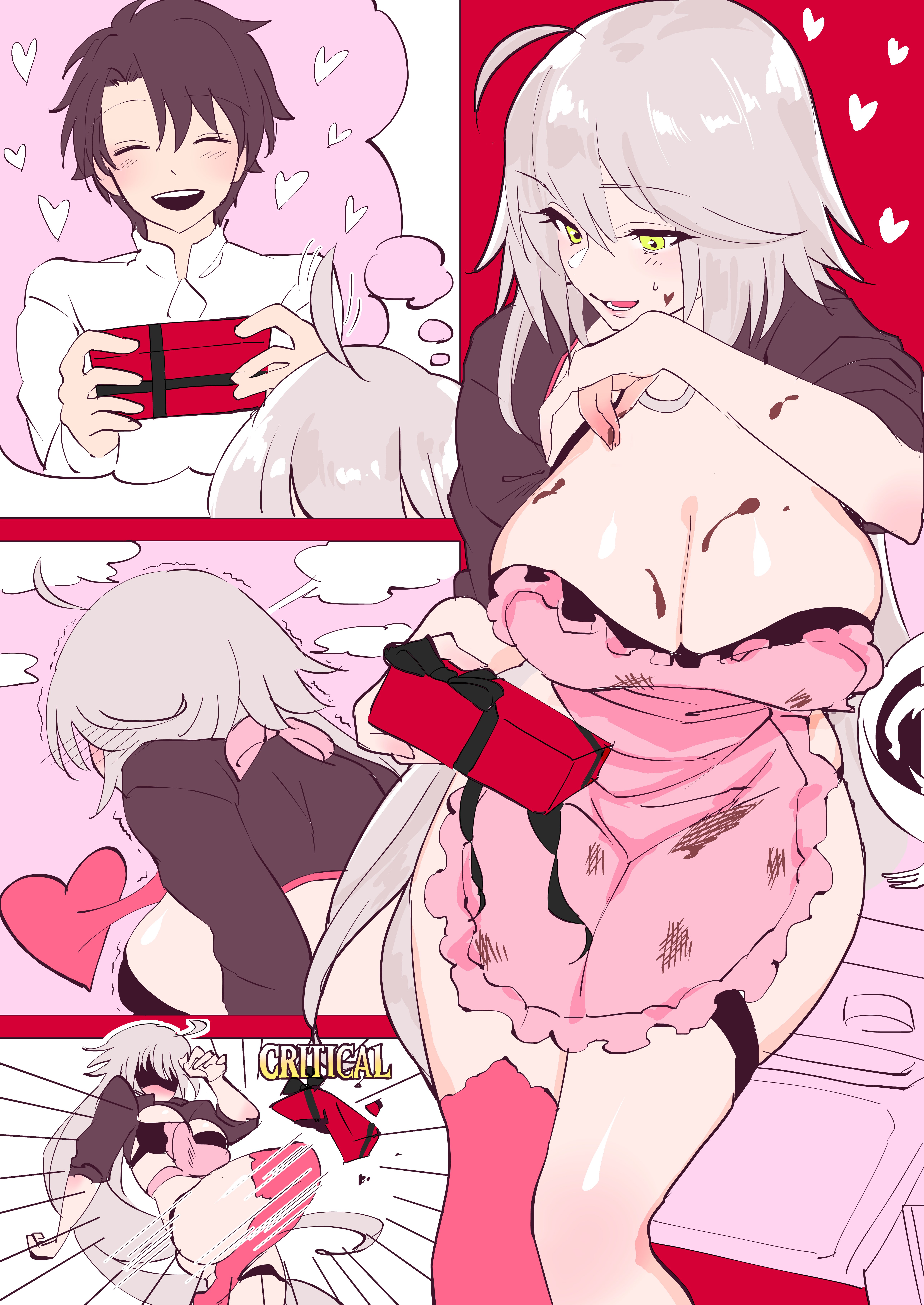 1boy, 1girls, big breasts, breasts, embarrassed, fate (series), fate/grand order, female, fujimaru ritsuka (male), hips, jeanne alter, male, poriuretan dayo, short hair, thighhighs, thighs, valentine's day, wholesome