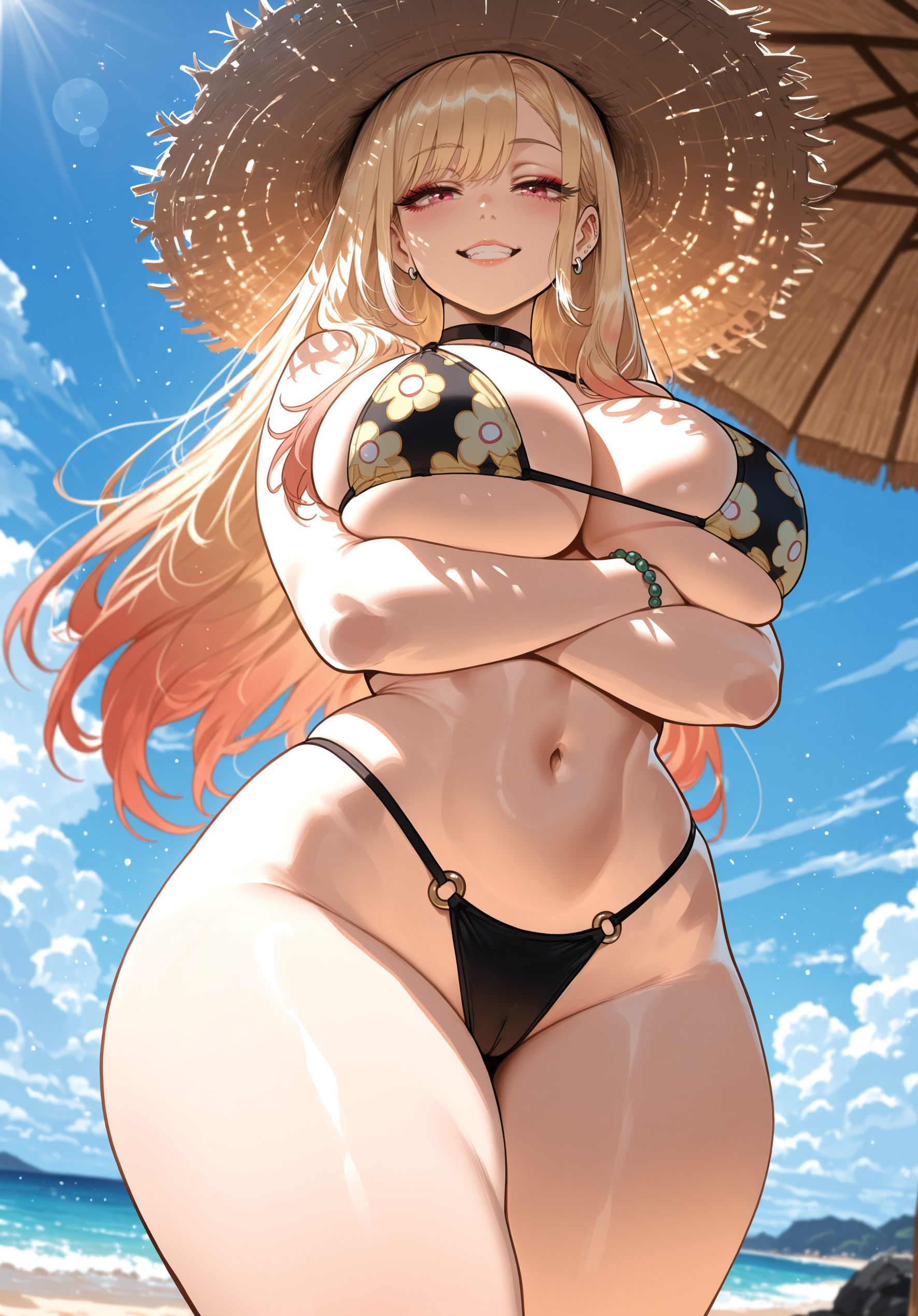 1girl, 1girls, ai assisted, ai generated, arm under breasts, bangs, beach, bikini, black bikini, blonde hair, blue sky, blush, bracelet, breast hold, breasts, choker, cleavage, crossed arms, curvaceous, curvy, curvy female, curvy figure, day, earrings, female, female only, from below, hat, highleg bikini, jewelry, kitagawa marin, large breasts, long hair, looking at viewer, marin kitagawa, miyuai, multi-strapped bikini, my dress up darling, navel, o-ring, o-ring bikini, o-ring bottom, ocean, outdoors, red eyes, skindentation, sky, smile, solo, sono bisque doll wa koi wo suru, straw hat, sun hat, swimsuit, thick, thick ass, thick butt, thick hips, thick legs, thick thighs, thighs, voluptuous, voluptuous female, water, wide hips, wide thighs
