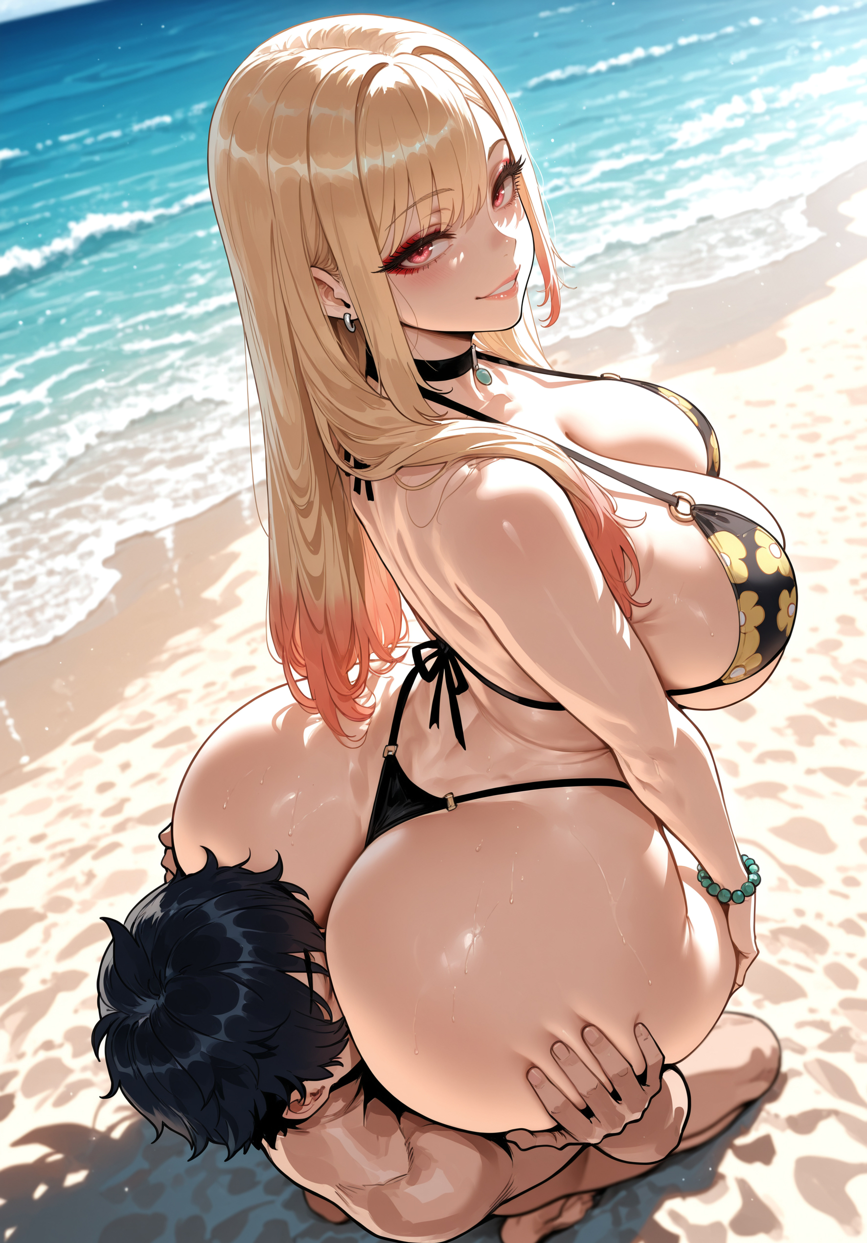1boy, 1girl, ai assisted, ai generated, ass, ass grab, beach, bikini, black bikini, black hair, blonde hair, blush, bracelet, breasts, choker, cleavage, curvaceous, curvy, curvy female, curvy figure, female, gyaru, hetero, huge ass, huge breasts, jewelry, kitagawa marin, long hair, looking back, marin kitagawa, miyuai, my dress up darling, ocean, red eyes, sand, shore, sideboob, sitting, sitting on face, sitting on person, smile, sono bisque doll wa koi wo suru, swimsuit, thick, thick ass, thick butt, thick hips, thick legs, thick thighs, thighs, thong bikini, voluptuous, voluptuous female, water, wide hips, wide thighs