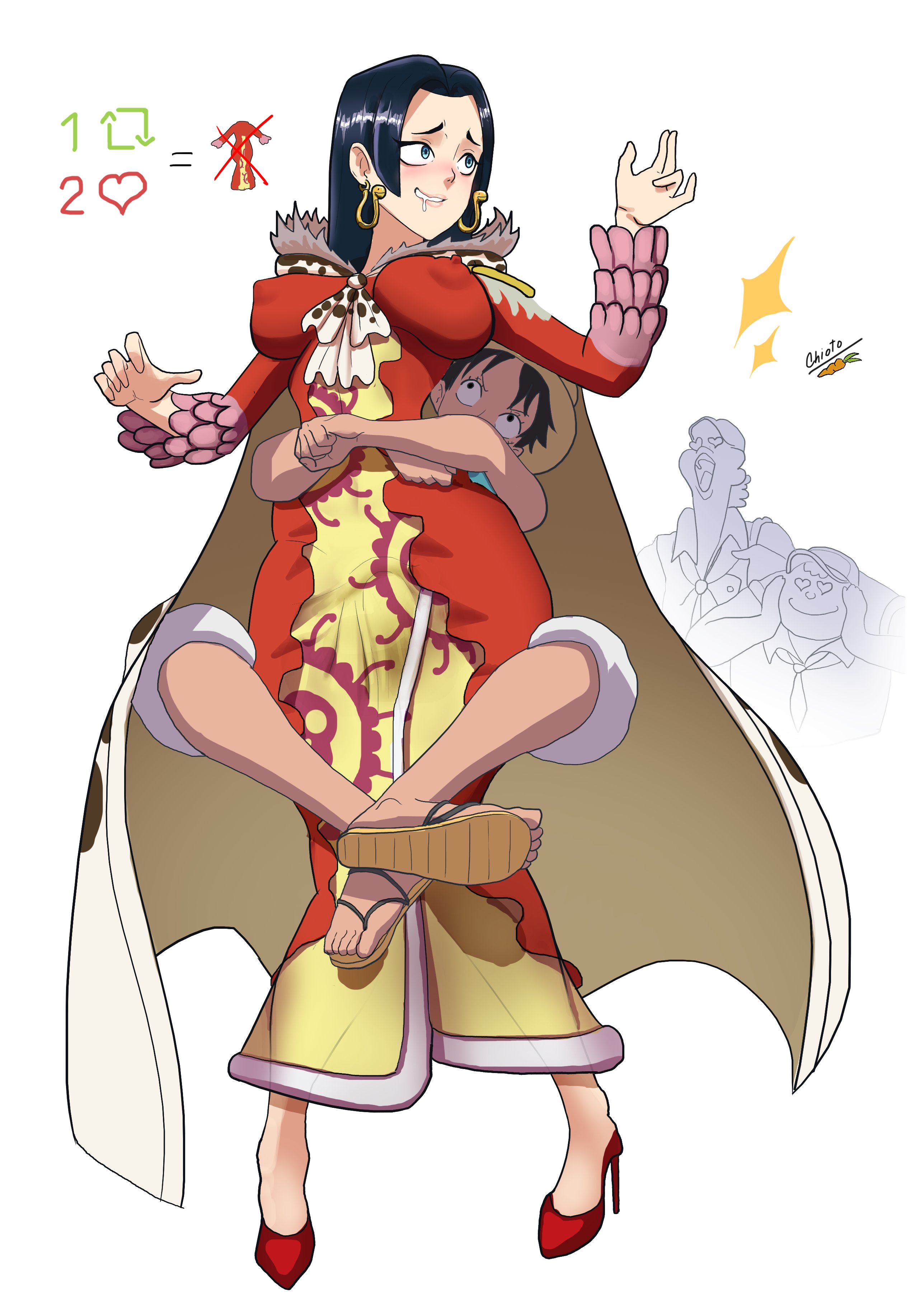 1boy, 1girls, black hair, boa hancock, chiotosaurio, dress, female, heels, male, monkey d luffy, one piece, sandals
