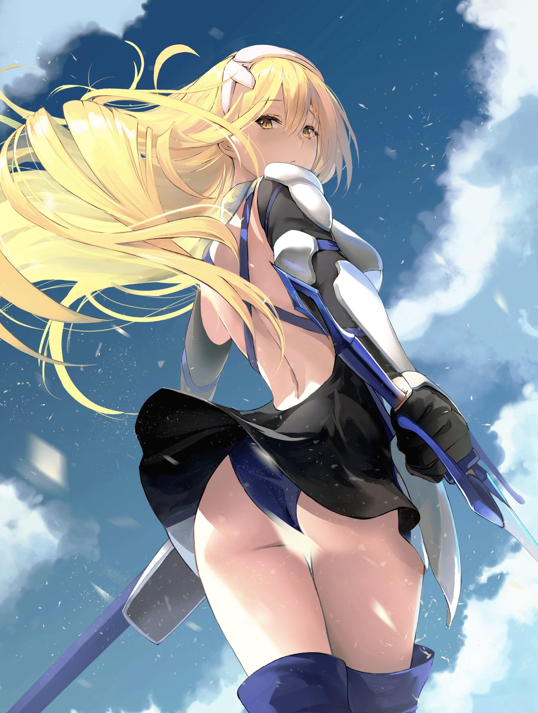aiz wallenstein, blonde hair, boots, dungeon ni deai wo motomeru no wa machigatteiru darou ka, long hair, skirt, solo, thighhighs, upskirt