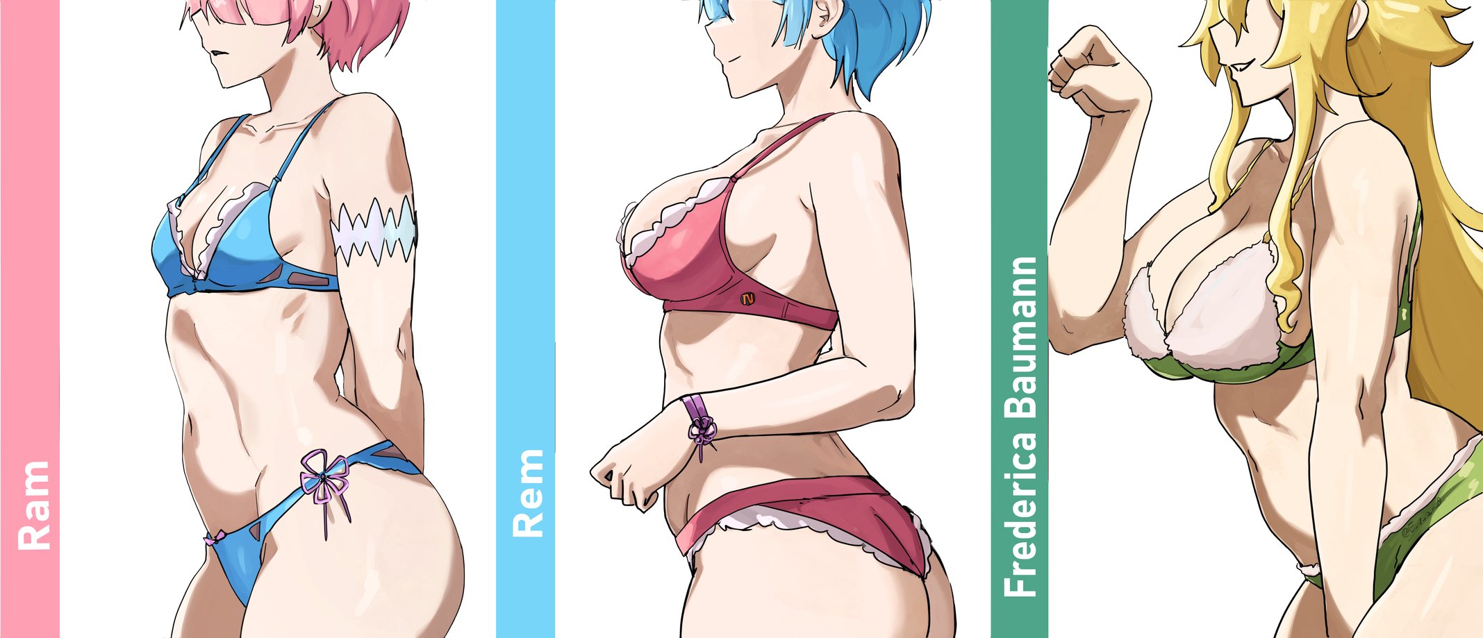  e v o n 0, 3girls, akihitoevon, big breasts, blonde hair, blue hair, bra, breast comparison, breasts, frederica baumann, fur bikini, fur trim, medium breasts, panties, pink hair, pose, posing, ram (re:zero), re:zero kara hajimeru isekai seikatsu, rem (re:zero), sexy, sexy pose, small breasts, smile, underwear