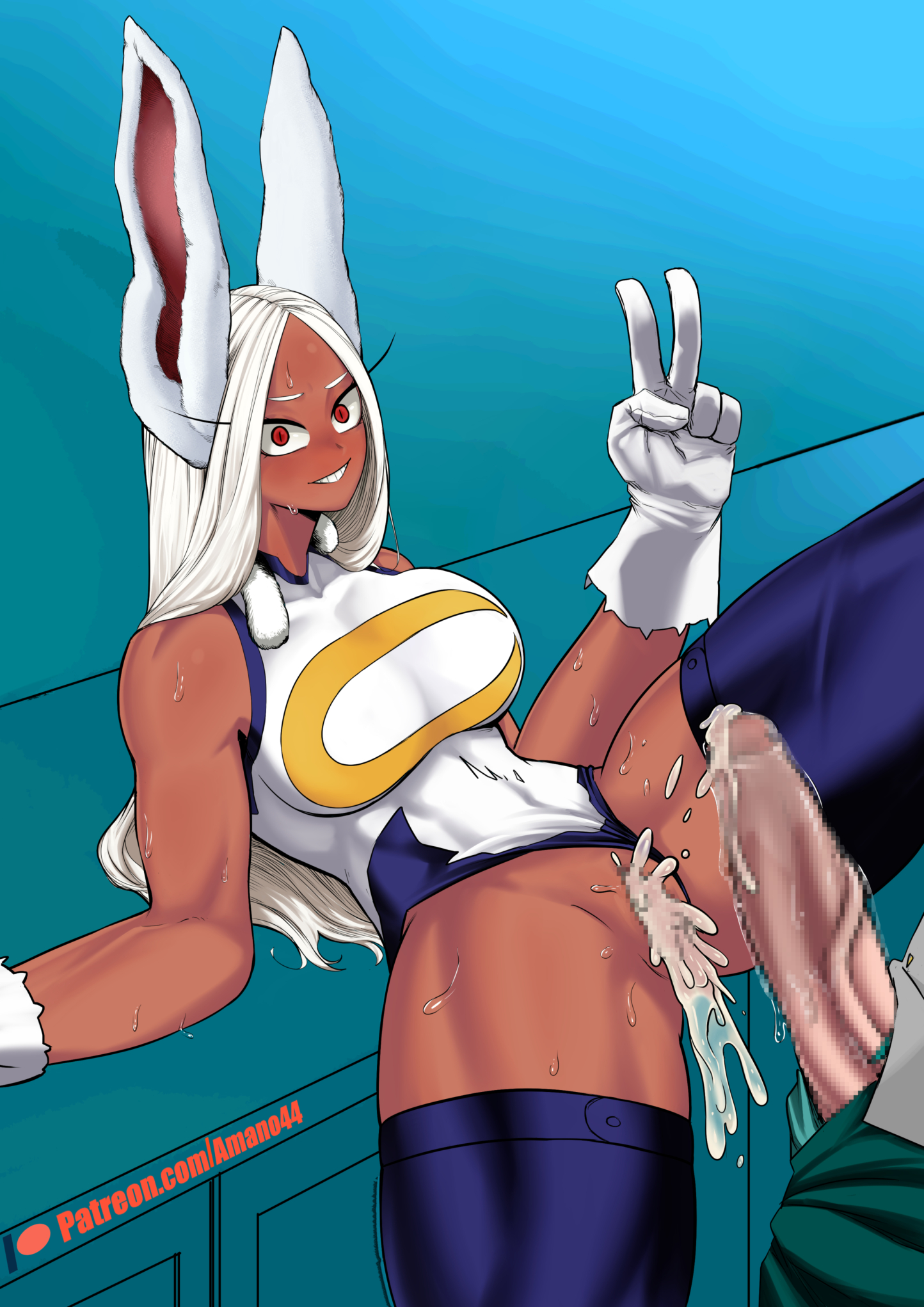 1boy, 1girls, amano44, big breasts, big penis, blush, breasts, bunny ears, bunny girl, censored, censored penis, clothing, color, cum, cum in pussy, cum inside, dark skin, dark-skinned female, excessive cum, female, female human, gloves, hero outfit (mha), human, interracial, izuku midoriya, kemonomimi, leg muscles, legs, legwear, long ears, long hair, looking at viewer, male, midoriya izuku, miruko, muscles, muscular, muscular female, my hero academia, patreon, patreon logo, patreon username, penis, pussy, red eyes, rumi usagiyama, rumi usagiyama (hero outfit), smile, smiley face, superhero costume, superheroine, sweat, sweating, tagme, thick thighs, thighhighs, thighs, usagiyama rumi, usagiyama rumi (hero outfit), vein, veiny penis, white gloves, white hair