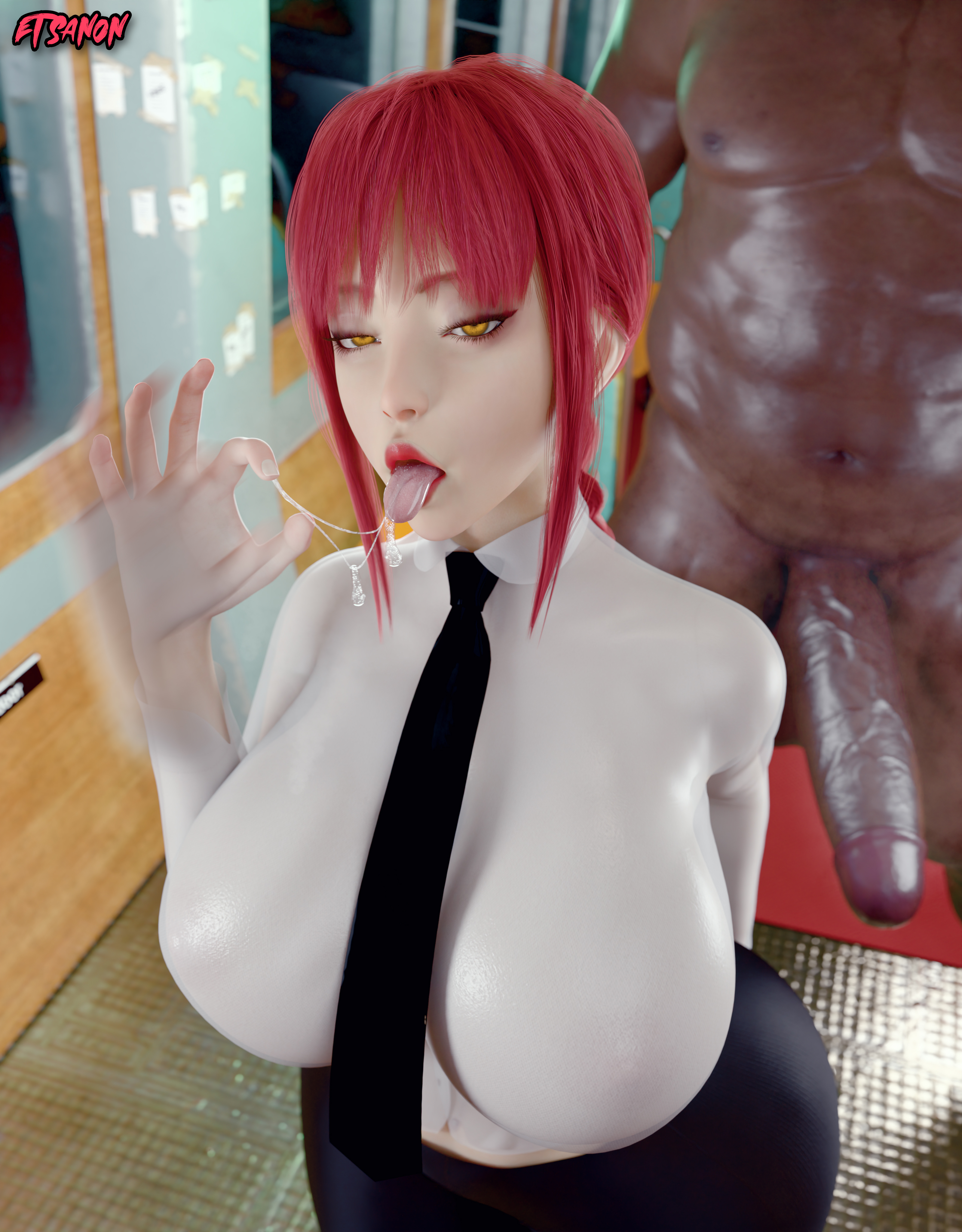 1boy, 1girls, 3d, 3d (artwork), 3d model, 3d render, alternate breast size, asian, asian female, black penis, blender, blender (artwork), blender (software), blender cycles, braid, braided hair, chainsaw man, cuckold, cuckold pov, cuckolding, dark skin, dark-skinned male, denji (chainsaw man), drool, drool string, drooling, etsa, etsanon, fat ass, fat male, fellatio gesture, hetero, hourglass figure, hourglass figured female, huge ass, huge breasts, imminent fellatio, imminent oral, imminent sex, interracial, japanese female, large areolae, light skin, light-skinned female, makima (chainsaw man), massive breasts, motion lines, necktie, netorare, obese male, pale skin, pale-skinned female, public, public exposure, public indecency, public nudity, red hair, red lips, round ass, see-through, see-through clothes, see-through clothing, see-through shirt, spit, spit trail, tight clothing, tongue, tongue out, train, train interior, veiny penis, voluptuous, voluptuous female, white shirt, yellow eyes, yoga pants