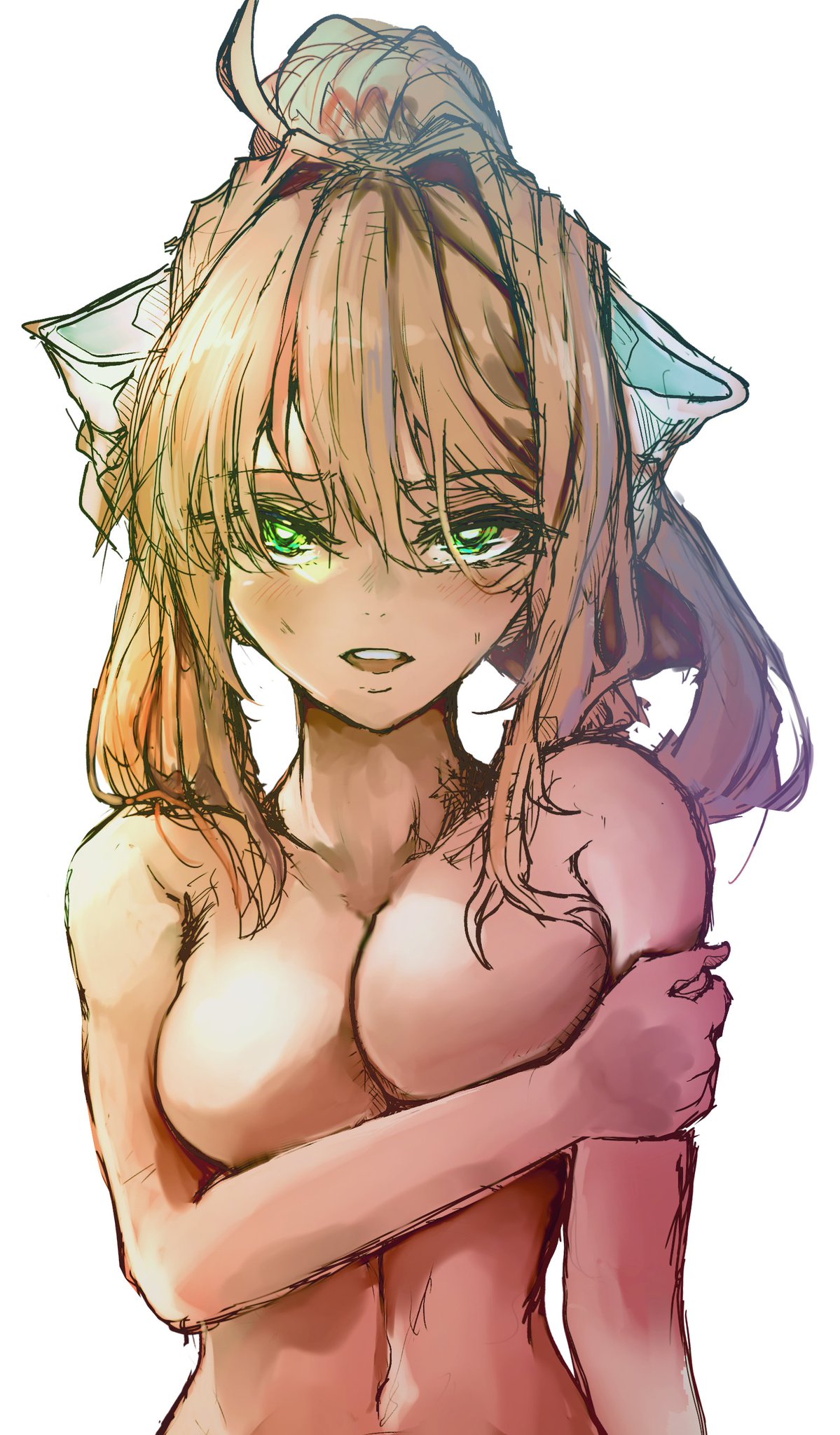 bedroom eyes, covered nipples, crunnix, doki doki literature club, looking at viewer, monika (doki doki literature club), nude, nude female