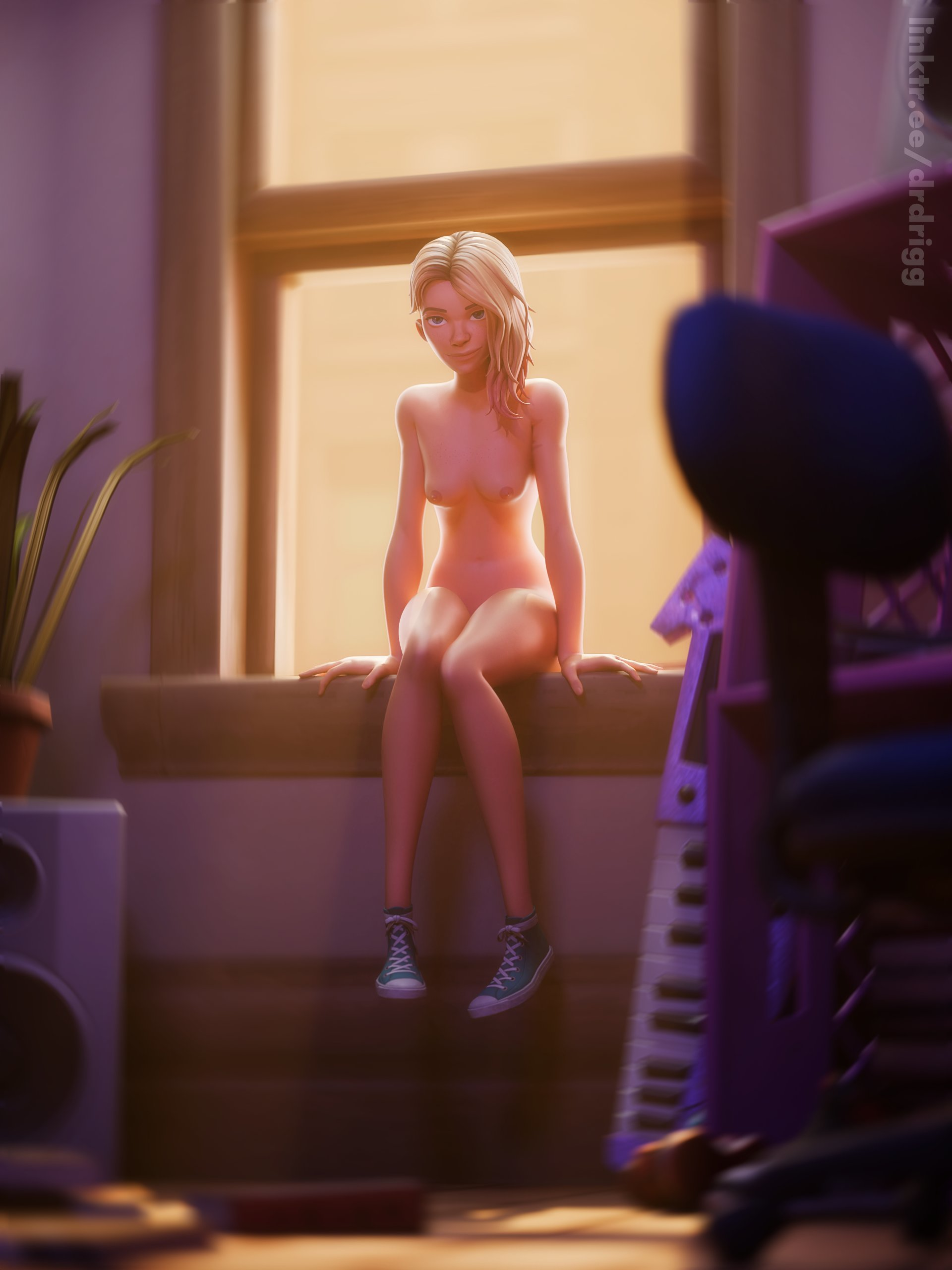 1girls, 3d, 3d (artwork), absurd res, areola, areolae, bedroom, blender, blonde, blonde female, blonde hair, breasts, detailed background, drdrigg, epic games, female, female focus, female only, fortnite, fortnite: battle royale, gwen stacy, gwen stacy (spider-verse), hi res, high quality, high resolution, highres, light skin, light-skinned female, marvel, medium breasts, nipples, nude, nude female, petite, petite body, petite female, sitting, slim waist, small breasts, smile, smiling, smirk, smirking, sneakers, sneakers only, spider-gwen, spider-man (series), spider-man: into the spider-verse, teenage girl, teenager, watermark, window, window frame
