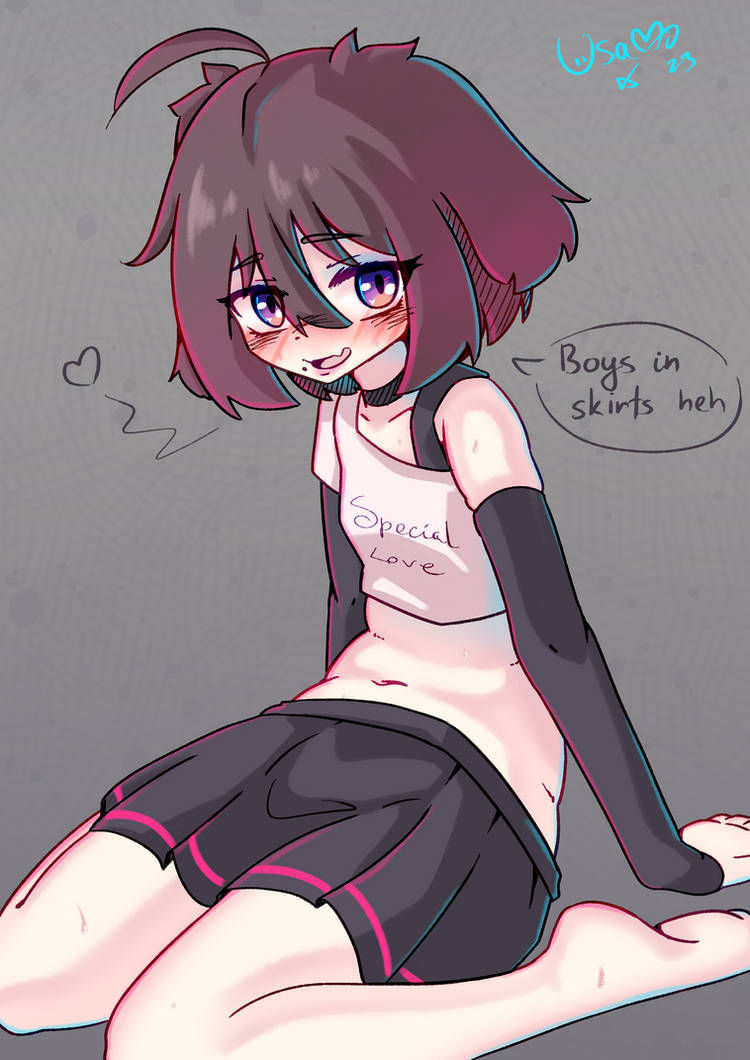1boy, 1femboy, blush, blushing, brown hair, cute, cute expression, cute eyes, cute male, femboy, heart, heart symbol, kuroyuu, kuroyuu-chi, purple eyes, skirt