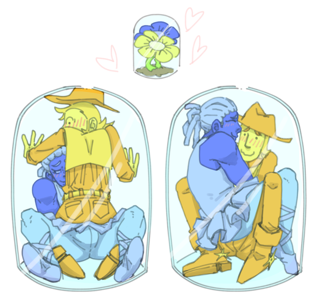 2026, 2boys, ballet heels, blue (deltarune), blue body, blue skin, blush, blushing, bulge, bulge through clothing, bulge under clothes, canon couple, clothed, clothed male, clothes, clothing, color, colored, cowboy, cowboy hat, deltarune, deltarune chapter 5, digital drawing (artwork), digital media (artwork), duo, erect penis, erection, erection under clothes, erection under clothing, flanfairy, flower, flowers, gay, gay male, in container, male, male only, male/male, shocked, simple background, sitting on lap, sitting on person, stuck, stuck together, surprised, thighs, yaoi, yellow (deltarune), yellow body, yellow skin
