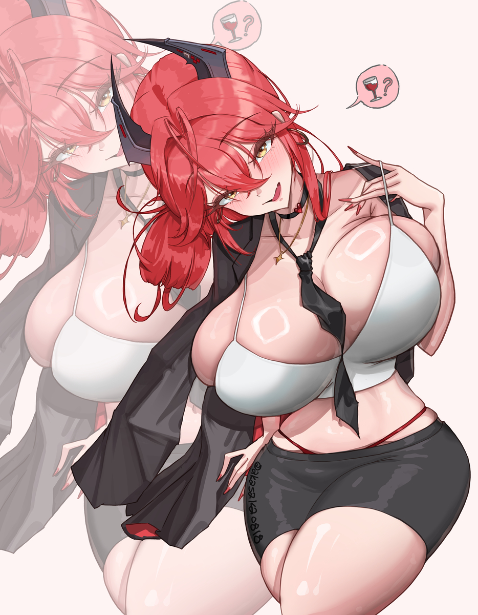 2d, 2d (artwork), big breasts, blush, blush lines, blushing, blushing at viewer, blushing female, breasts, choker, color, elbows, eyebrows, eyebrows visible through hair, eyelashes, female, female focus, female only, fingers, goddess of victory: nikke, hands, kiki (akasaka0818), necklace, nikke, nose, not ai, not ai generated, not furry, open mouth, red eyebrows, red hair, red hood (nikke), red nails, revealing clothes, shift up, simple background, thick thighs, tie, visible thong, watermark, white background, wine glass