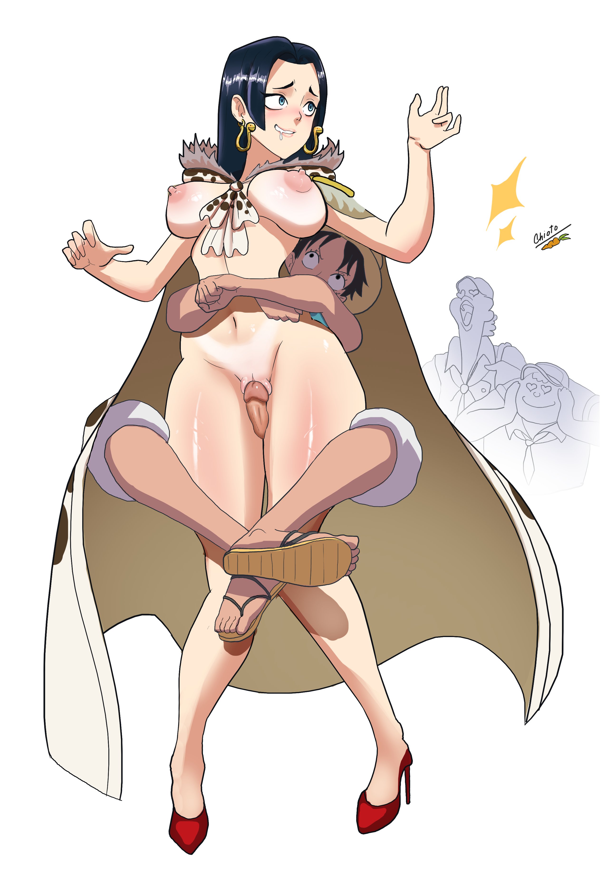 1boy, 1girls, black hair, black-haired female, black-haired male, boa hancock, chiotosaurio, female, heels only, male, monkey d luffy, one piece
