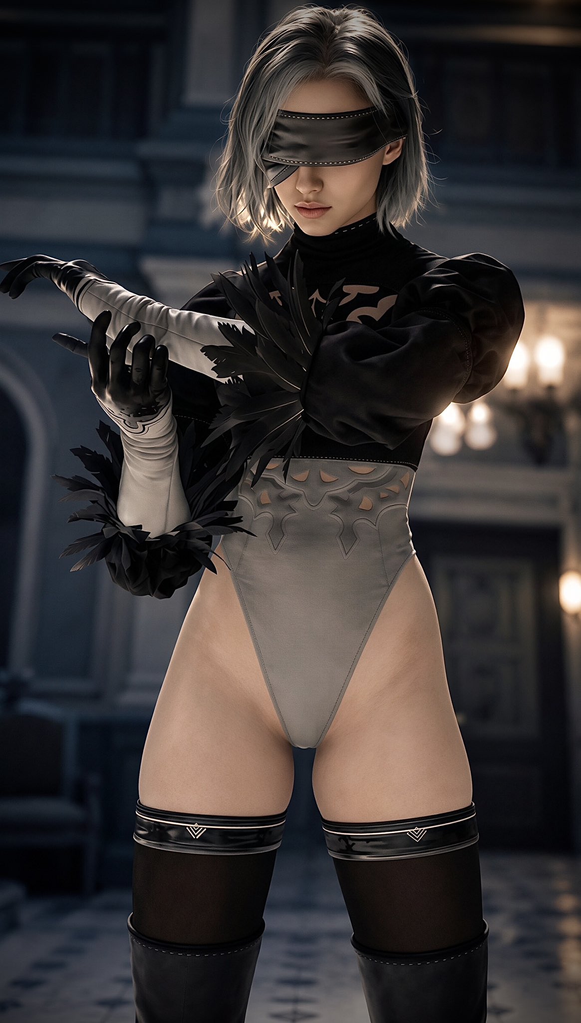 biohazard, black gloves, cosplay, eyebrows, game screenshot, gloves, grace ashcroft, leather gloves, legwear, leotard, mod, nier (series), nier: automata, resident evil, resident evil 9: requiem, solo, yorha 2b, yorha 2b (cosplay)