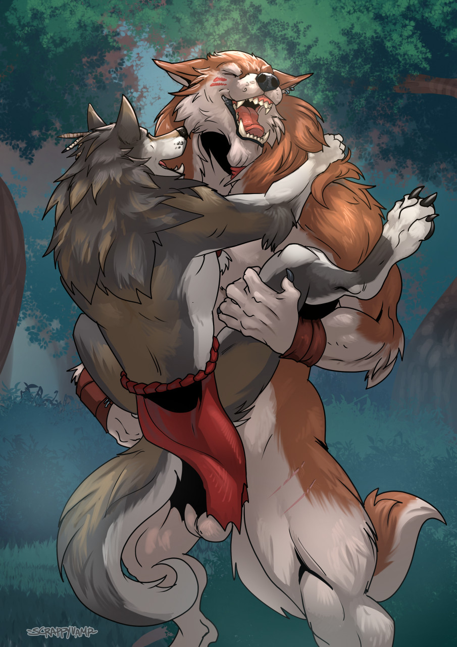 anthro balls bottomwear brown_body brown_fur canid canine canis clothing duo fur genitals grey_body grey_fur hi_res loincloth male male/male mammal muscular muscular_anthro muscular_male open_mouth outside plant scrappyvamp tongue tree wolf