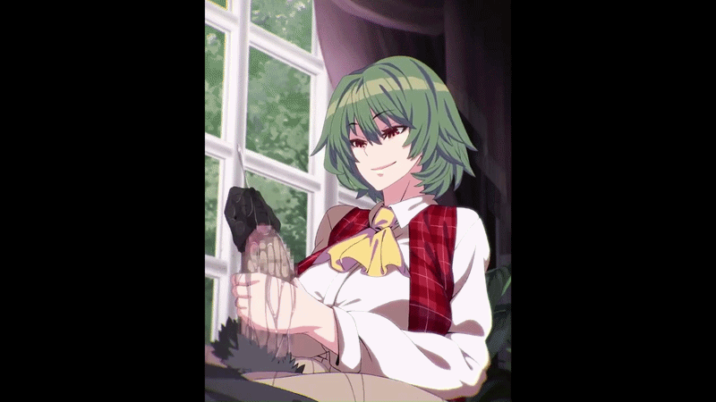 1boy, 1girls, 2d, 2d animation, animated, animated gif, animated image, ascot, balls, black gloves, breasts, buckethead ero, censored, collared shirt, dark penis, excessive precum, eyebrows visible through hair, female, gif, glansjob, gloves, green hair, hair between eyes, handjob, hi res, high resolution, highres, indoors, large breasts, light skin, light-skinned male, long sleeves, male, male pubic hair, milking, milking handjob, mosaic censoring, penis, penis milking, pillarbox, plaid, plaid vest, pubic hair, red eyes, red vest, shirt, short hair, single glove, smile, solo focus, straight, testicles, touhou, two-handed handjob, vertical gif, vest, white shirt, window, yellow neckwear, yuka kazami