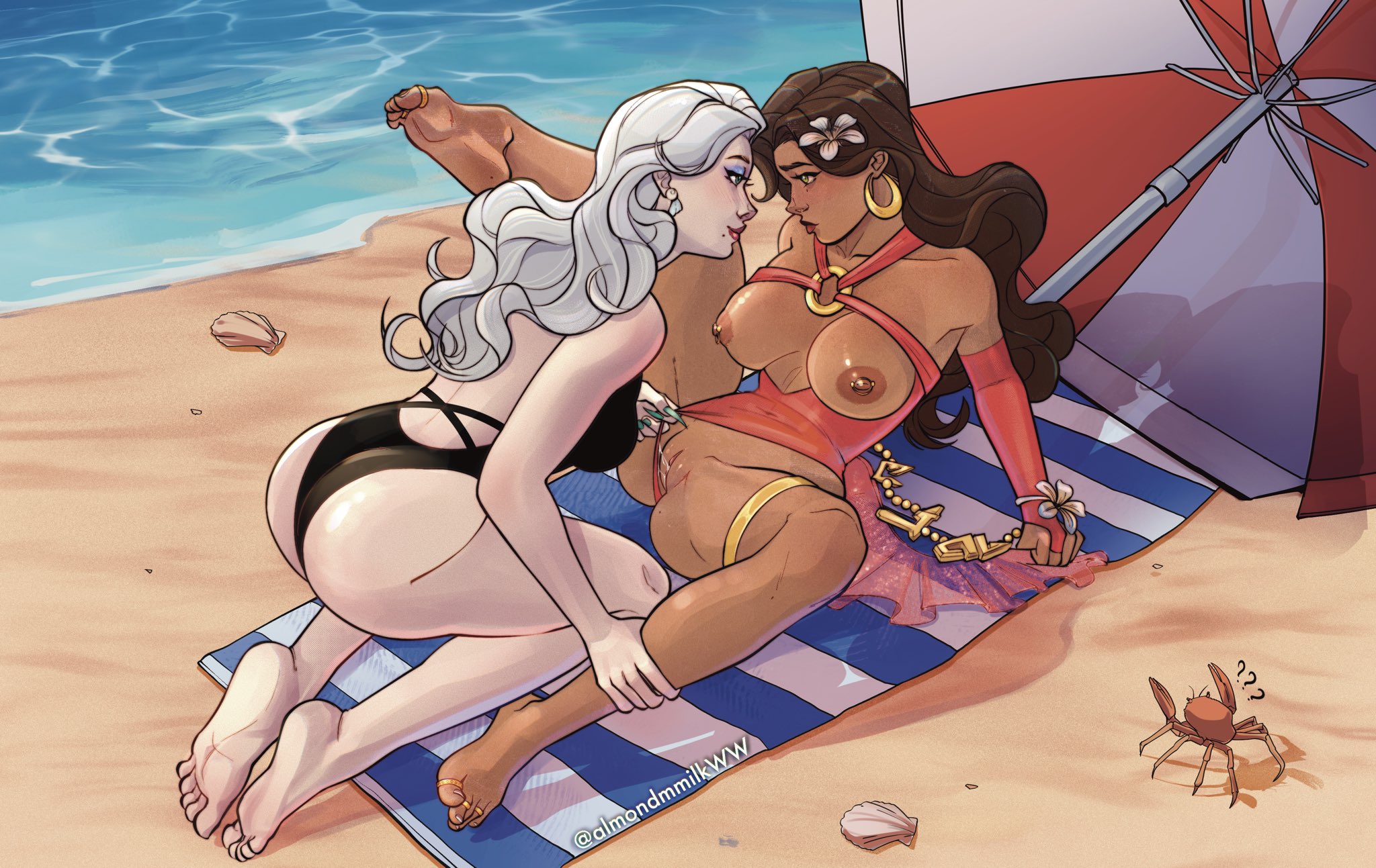 2d, 2girls, almondmmilkww, beach, beach background, beach towel, beach umbrella, big ass, big breasts, black cat (coastal cat), black cat (marvel rivals), black cat (marvel), bracelet, breasts out, brown hair, color, colored, dark skin, dark-skinned female, detailed background, duo, ear piercing, earrings, eye contact, eyeshadow, feet, felicia hardy, female, female only, female/female, flower in hair, functionally nude, functionally nude female, green eyes, imminent lesbian sex, imminent sex, jewelry, leg over partner's shoulder, leg over shoulder, lesbian, light skin, light-skinned female, lipstick, long hair, looking at partner, makeup, marvel, marvel rivals, medium breasts, mole, mole under eye, mole under mouth, nipple piercing, one-piece swimsuit, one-piece swimsuit aside, outdoor nudity, outdoors, outside, outside nudity, pierced nipples, piercing, piercings, pussy juice, pussy juice string, ring, rings, scarlet witch, scarlet witch (marvel rivals), scarlet witch (seaside sorceress), swimsuit, thick thighs, thigh band, toe ring, toe rings, topless, wanda maximoff, white hair, yuri