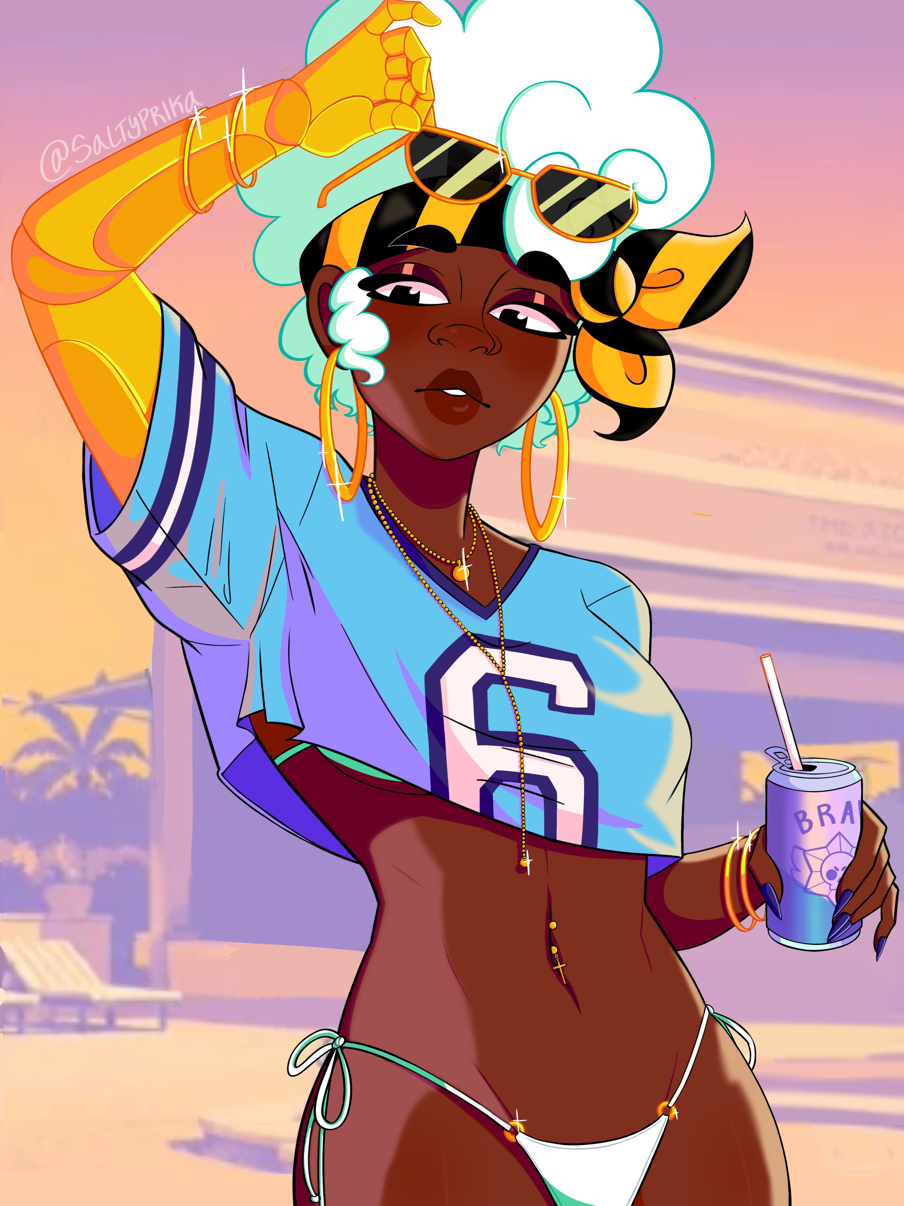 1girls, amputee, bionic arm, brawl stars, chocolate girl, dark skin, dark-skinned female, ebony, ebony female, female, glasses, gta vi cover girl, holding, holding object, human, maisie (brawl stars), navel, shirt, solo, sunglasses, swimsuit, tagme, tagme (artist), white bikini, white hair