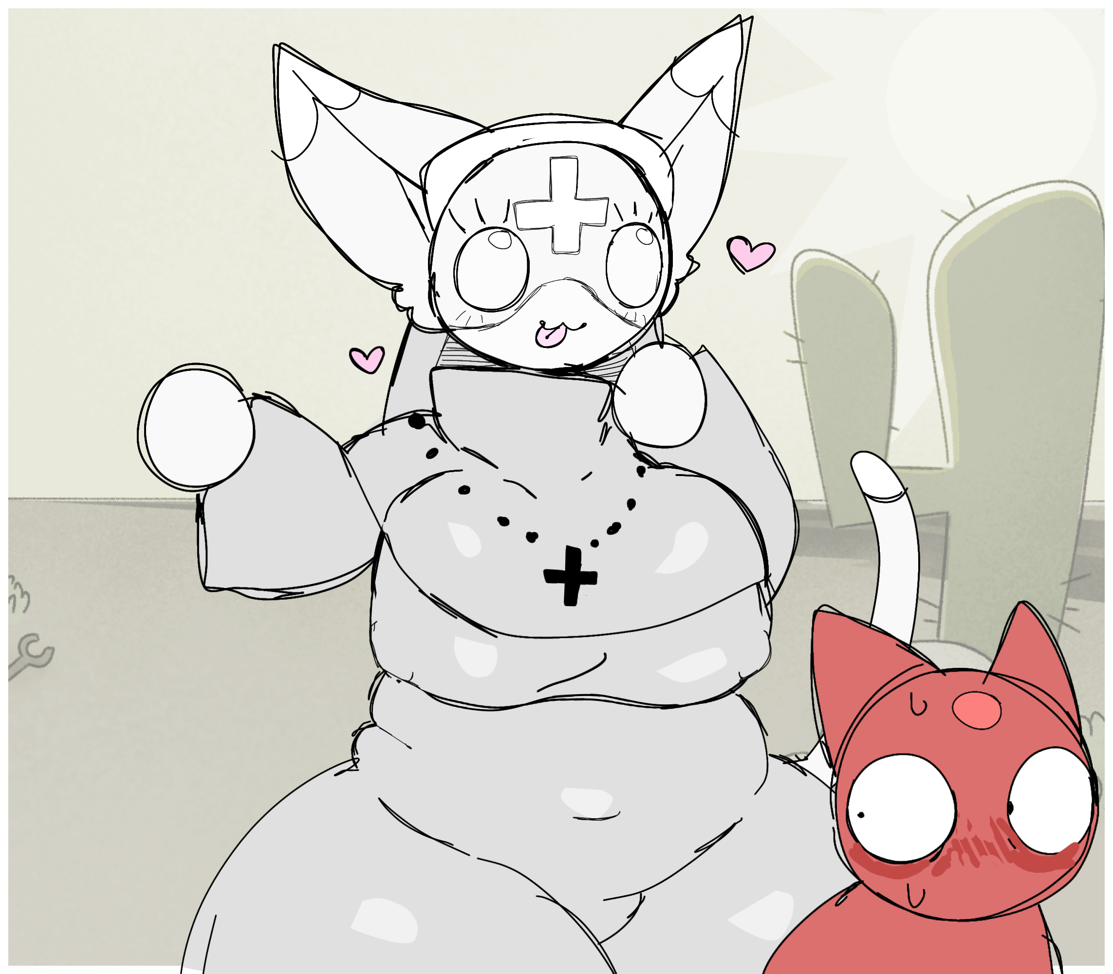 1boy, 1girls, anthro, belly button visible through clothing, big breasts, blush, blushing, blushing at another, breasts, cactus, cat ears, cat tail, chubby belly, cross necklace, eyelashes, feline, fighter (mewgenics), game background, halodouble, heart, hearts, hearts around head, long sleeves, looking back at another, marshmallow (mewgenics), mewgenics, nipples visible, nun, nun hat, nun outfit, outfit, red fur, sleeves, slightly chubby, slightly chubby female, sticking out tongue, sweat, sweating, tongue, white clothing, white fur