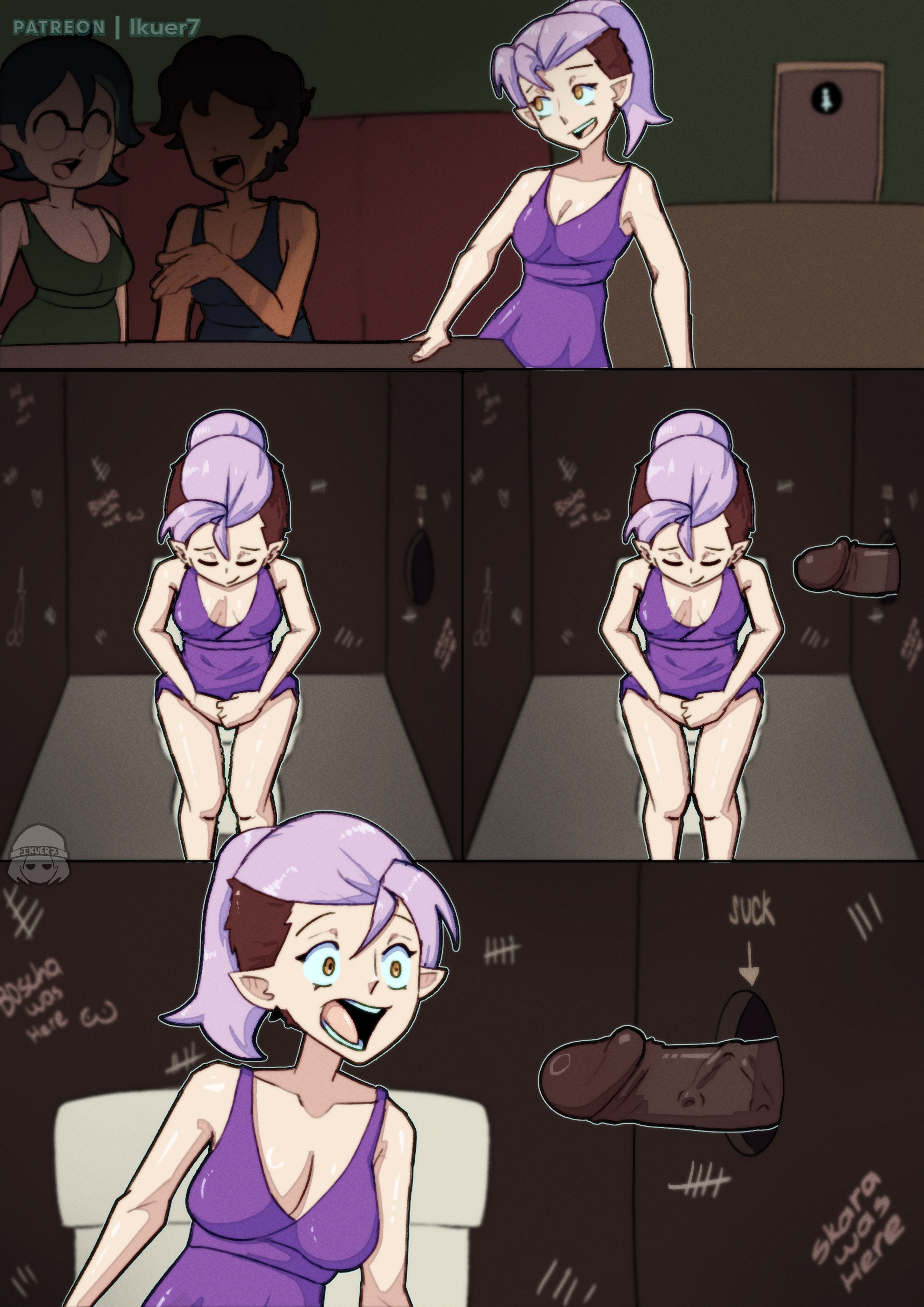 1boy, 3girls, amity blight, bathroom, big penis, dark skin, dark-skinned male, disney, dyed hair, female, female focus, glory hole, huge cock, ikuer7, imminent oral, imminent sex, lesbian with male, light skin, light-skinned female, looking at penis, luz noceda, male, medium breasts, multiple girls, orientation play, penis, ponytail, purple hair, surprised, tagme, the owl house, veiny penis