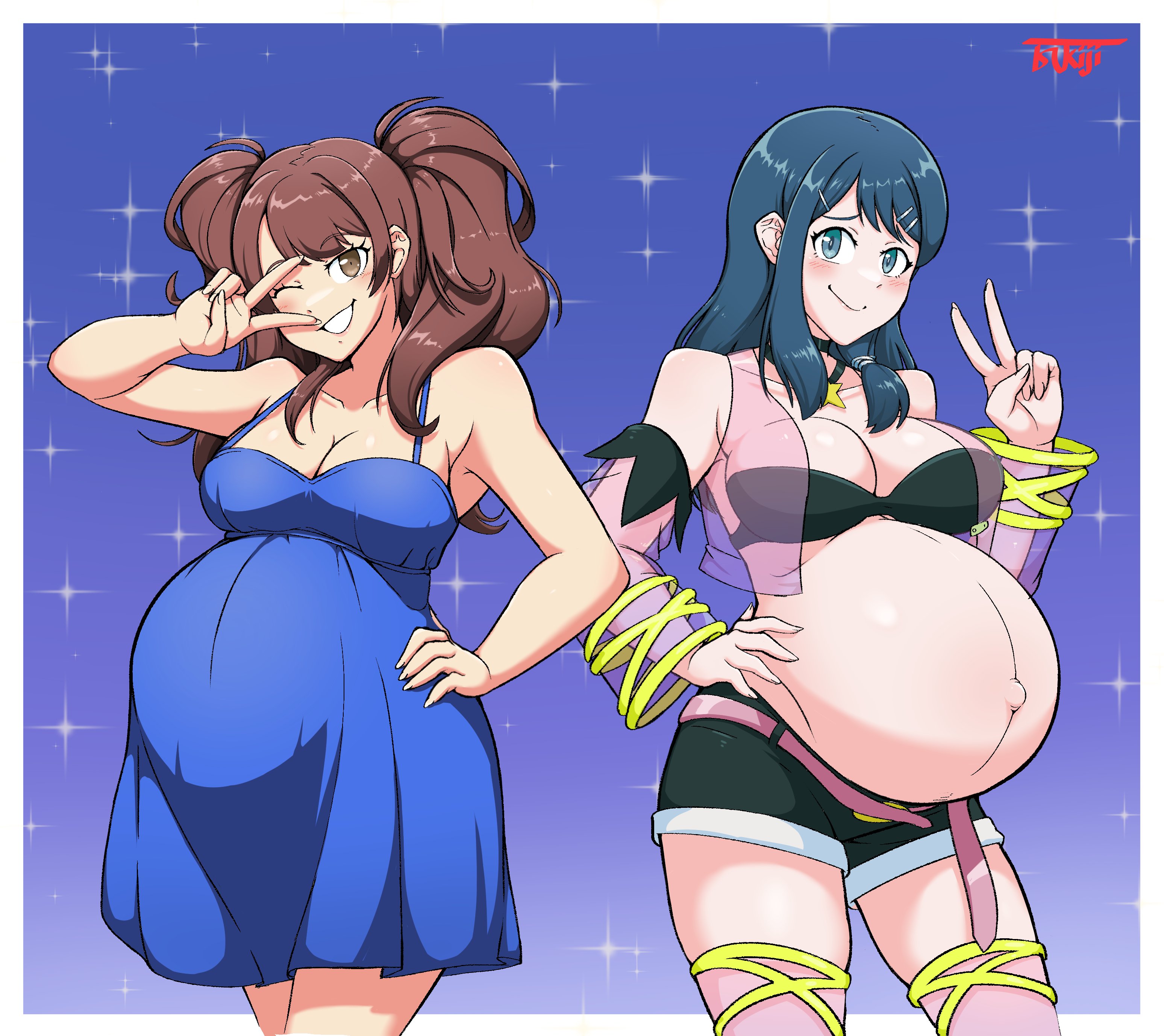 2girls, atlus, big breasts, breasts, double pregnancy, duo, female, female only, fire emblem, huge belly, intelligent systems, kujikawa rise, large breasts, maternity clothes, maternity dress, multiple pregnancies, nintendo, oribe tsubasa, persona, persona 4, pregnant, ready to pop, thick thighs, tokyo mirage sessions #fe, tsukiji, v, v over eye