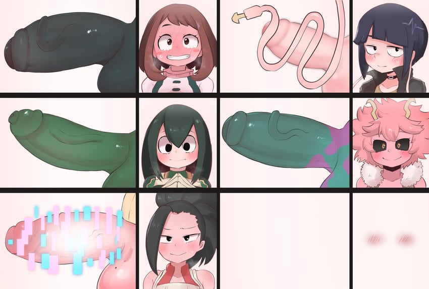 6futas, 6girls, balls, big balls, black eyes, black hair, blush, blushing, boku no hero academia, brown eyes, brown hair, bulge through clothing, chart, cock, dark green hair, frog girl, futa only, futanari, green hair, hagakure tooru, hagakure tooru (invisible), hero outfit (mha), horns, huge cock, invisible girl, kyoka jiro, large penis, mina ashido, momo yaoyorozu, my hero academia, ochako uraraka, penis, penis chart, penis size chart, penis size difference, pink hair, pink skin, ponytail, purple hair, teenager, tooru hagakure, tooru hagakure (invisible), tsuyu asui, veiny penis, yellow eyes, zkky, zkky2nd