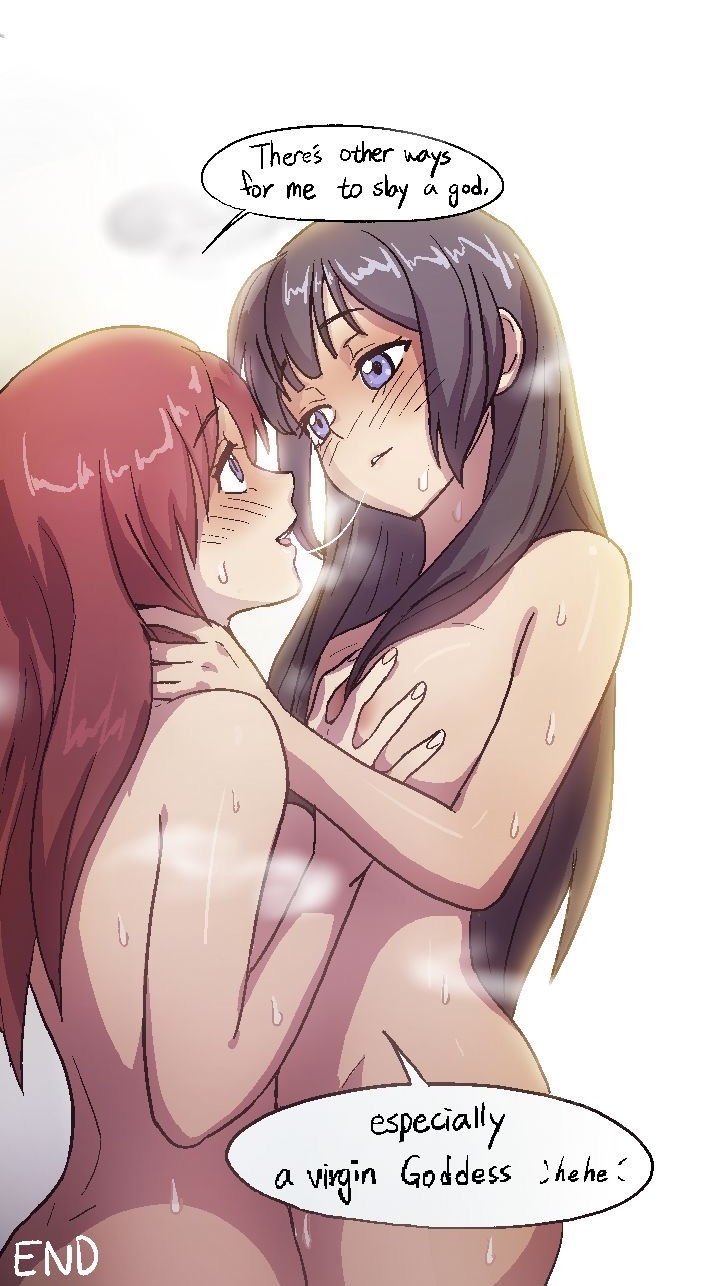 2girls, big breasts, black hair, black-haired female, blue eyes, blush, breast grab, breasts, chelia blendy, crossover, dialogue, dungeon ni deai wo motomeru no wa machigatteiru darou ka, english text, fairy tail, female, female only, hestia (danmachi), intimate, kimmanko, multiple females, multiple girls, naked, oppai, pink hair, pink-haired female, saliva trail, sweat, text, wholesome, yuri