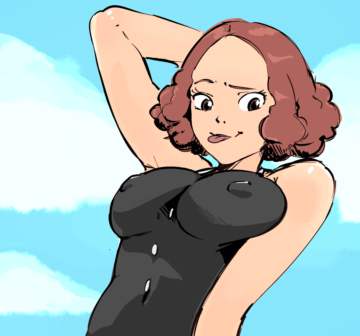 1girls, arm up, brown eyes, female, female only, haru okumura, haru okumura (swimsuit strikers), immisterplow, light brown hair, light skin, looking at viewer, mrplow34, nipple bulge, one-piece swimsuit, persona, persona 5, persona 5 scramble: the phantom strikers, short hair, smile, sweat, swimsuit, tongue, tongue out