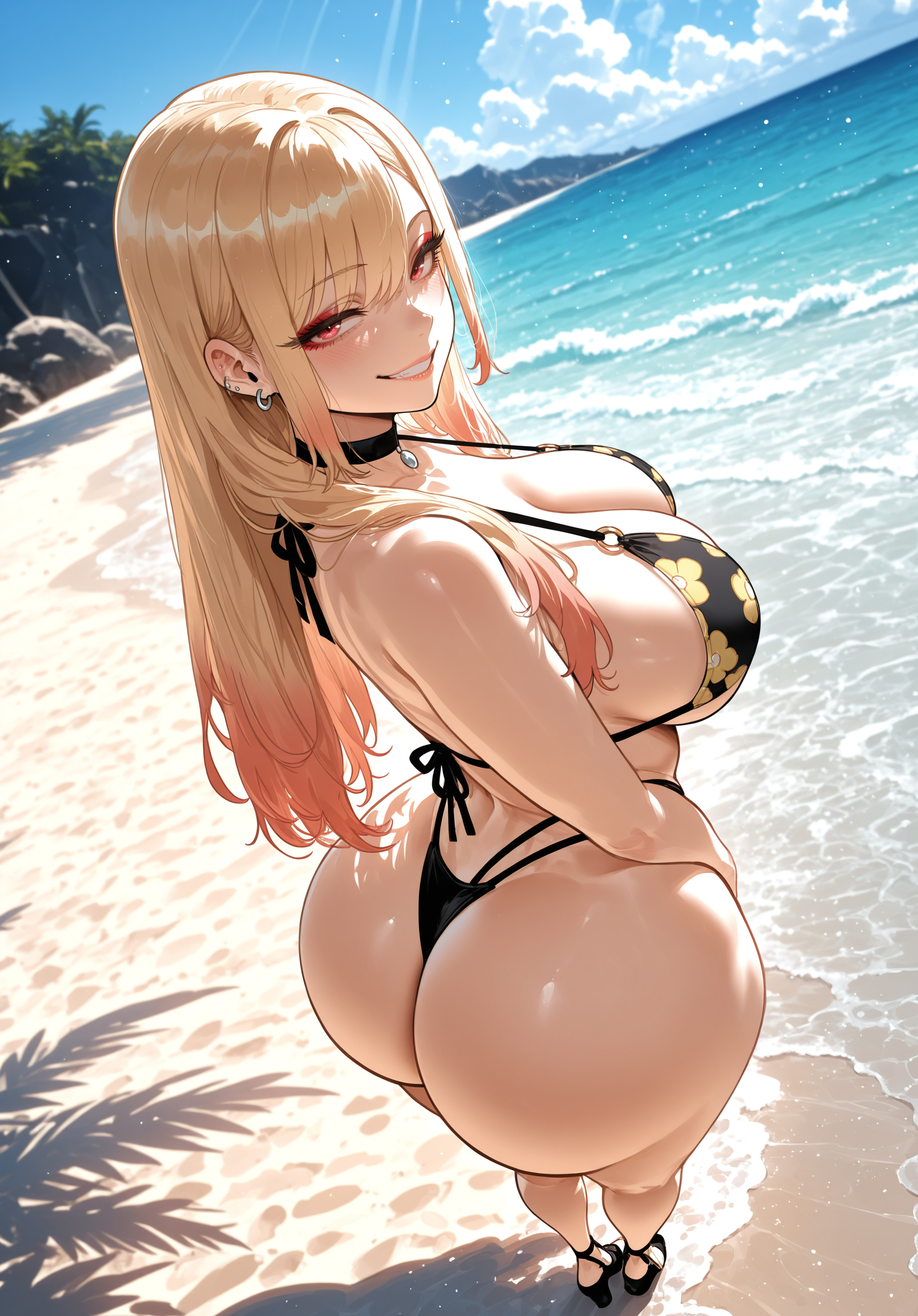 1girl, 1girls, ai assisted, ai generated, ass, bangs, bare shoulders, beach, bikini, black bikini, blonde hair, blush, breasts, choker, cleavage, curvaceous, curvy, curvy female, curvy figure, day, ear piercing, earrings, eyebrows visible through hair, female, female only, grin, gyaru, jewelry, kitagawa marin, long hair, looking at viewer, marin kitagawa, miyuai, my dress up darling, ocean, outdoors, piercing, red eyes, smile, solo, sono bisque doll wa koi wo suru, swimsuit, thick, thick ass, thick butt, thick hips, thick legs, thick thighs, thong bikini, voluptuous, voluptuous female, water, waves, wide hips, wide thighs