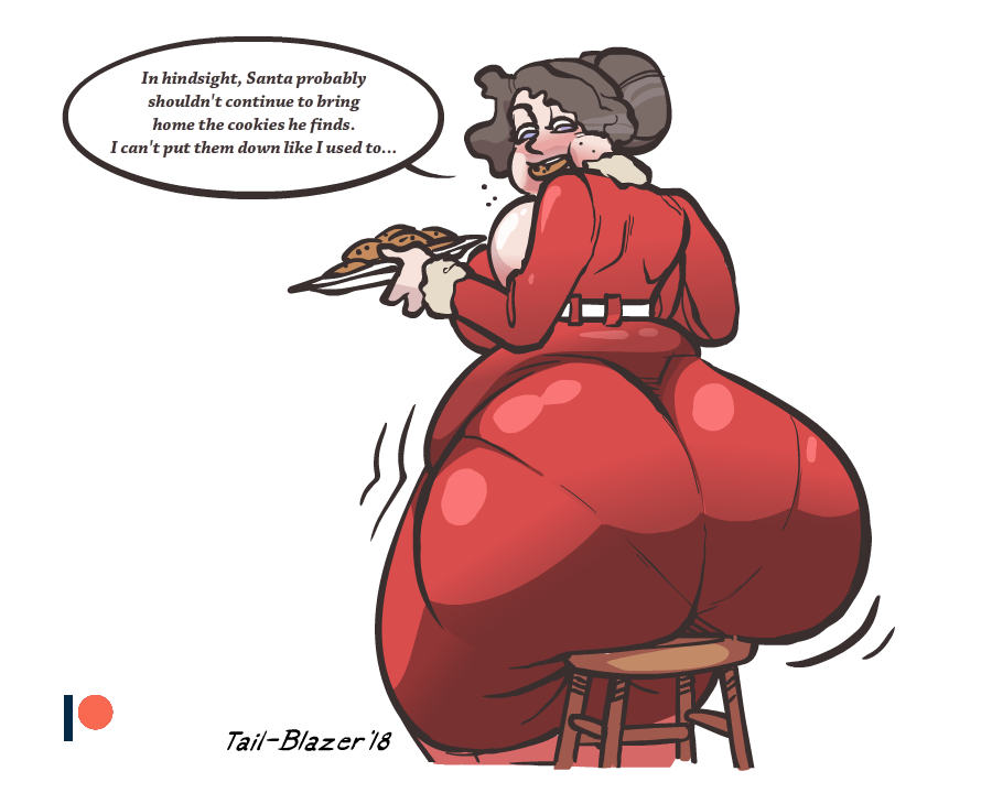 1girls ass ass_in_dress big_ass christmas cookie cookie_in_mouth dialogue fat_ass female holidays huge_ass light-skinned_female milf mrs._claus older_female overweight overweight_female rear_view red_clothing solo speech_bubble tagme tail-blazer weight_gain