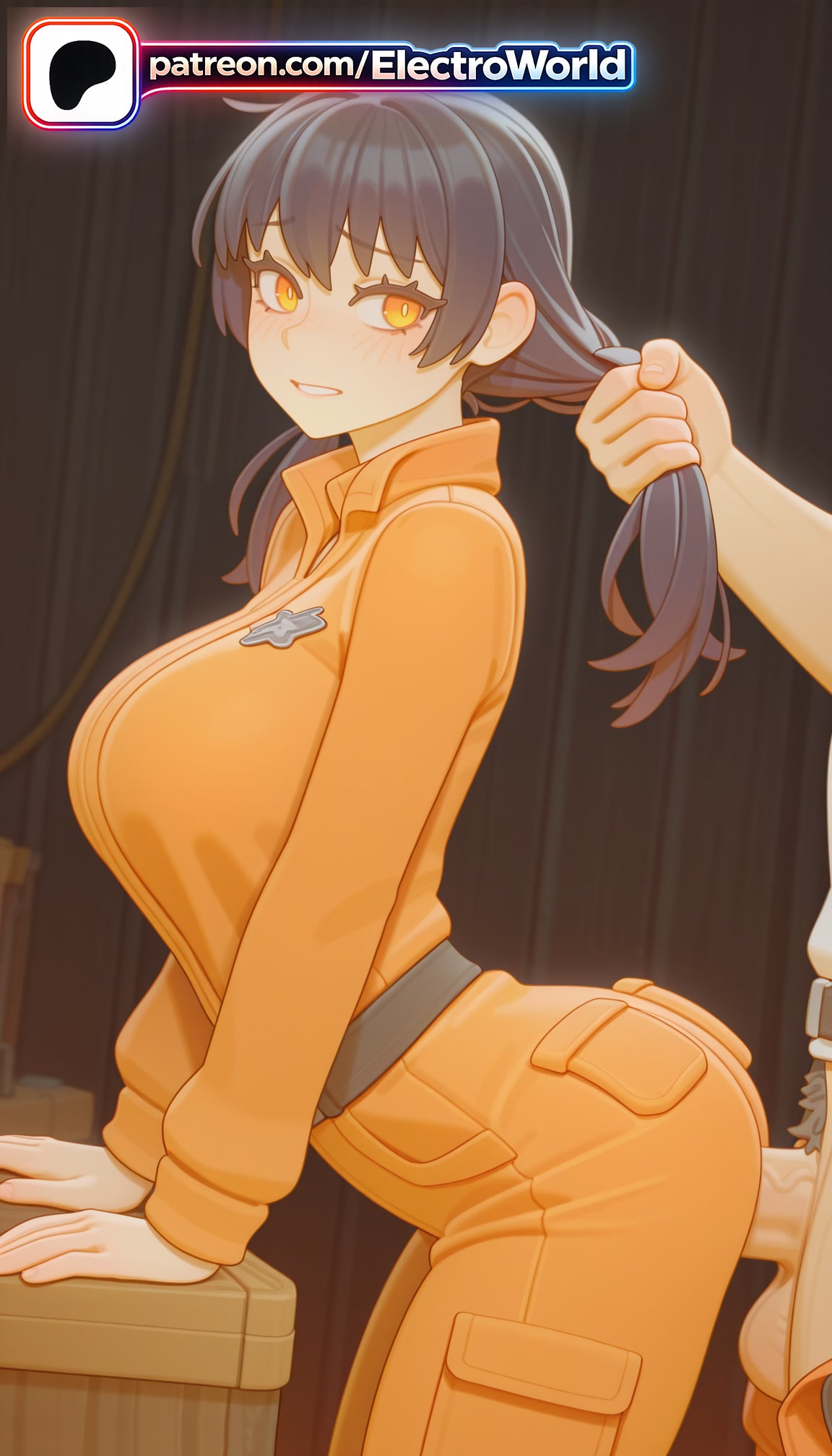 1boy, 1girl, 1girls, 2026, ai generated, artist name, black hair, boobs, breasts, bust, chest, electroworld, en'en, en'en no shouboutai, enen, enen no shouboutai, fire force, grabbing another's hair, hi res, high quality, high resolution, highres, kotatsu tamaki, no, orange eyes, orange jacket, patreon, patreon username, shouboutai, stable diffusion, tamaki kotatsu, tits, watermark