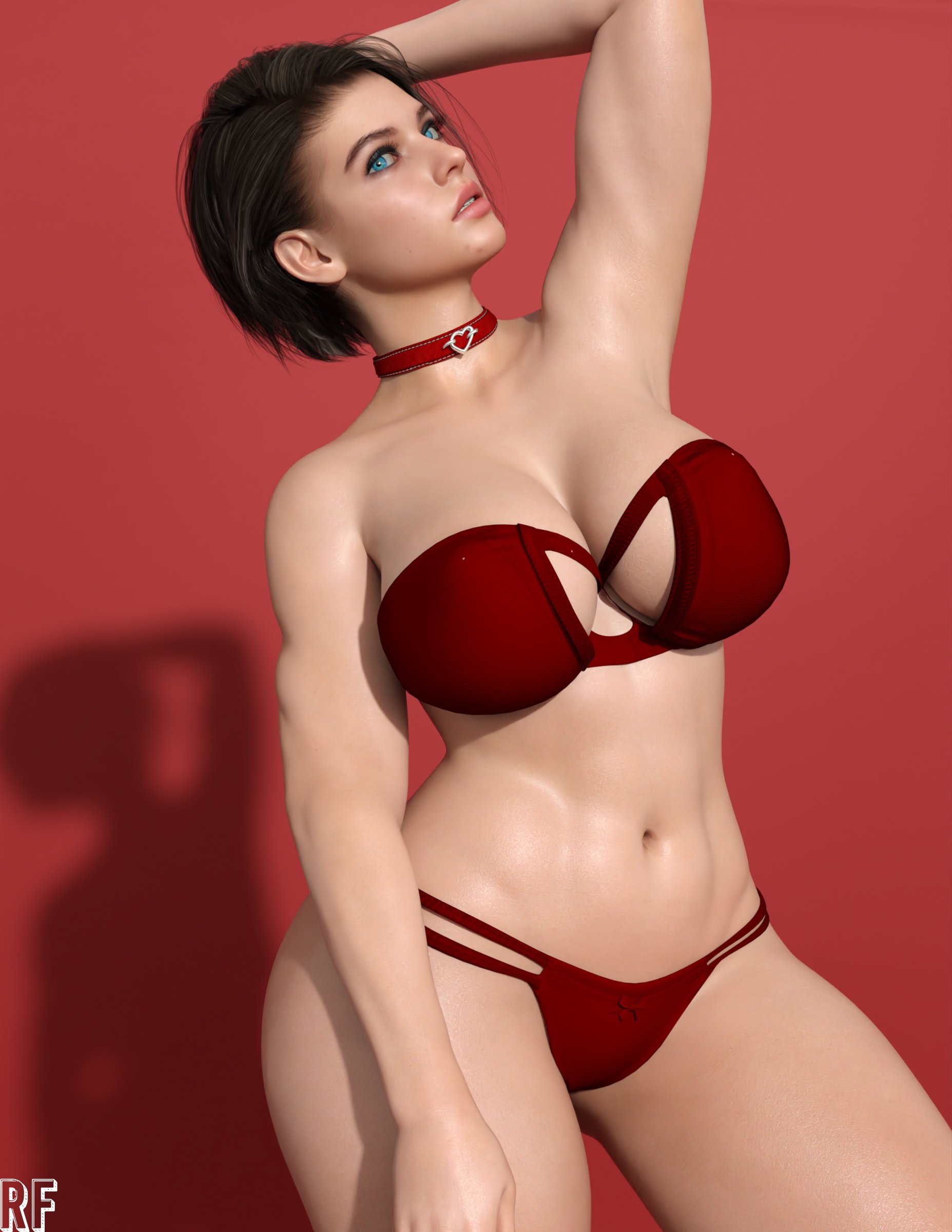 1girls, 3d, absurd res, blue eyes, bra, breasts, brown hair, choker, cleavage, female, female only, hi res, jill valentine, jill valentine (sasha zotova), large breasts, panties, pose, resident evil, rude frog, solo, thick thighs, thighs, valentine's day, wide hips